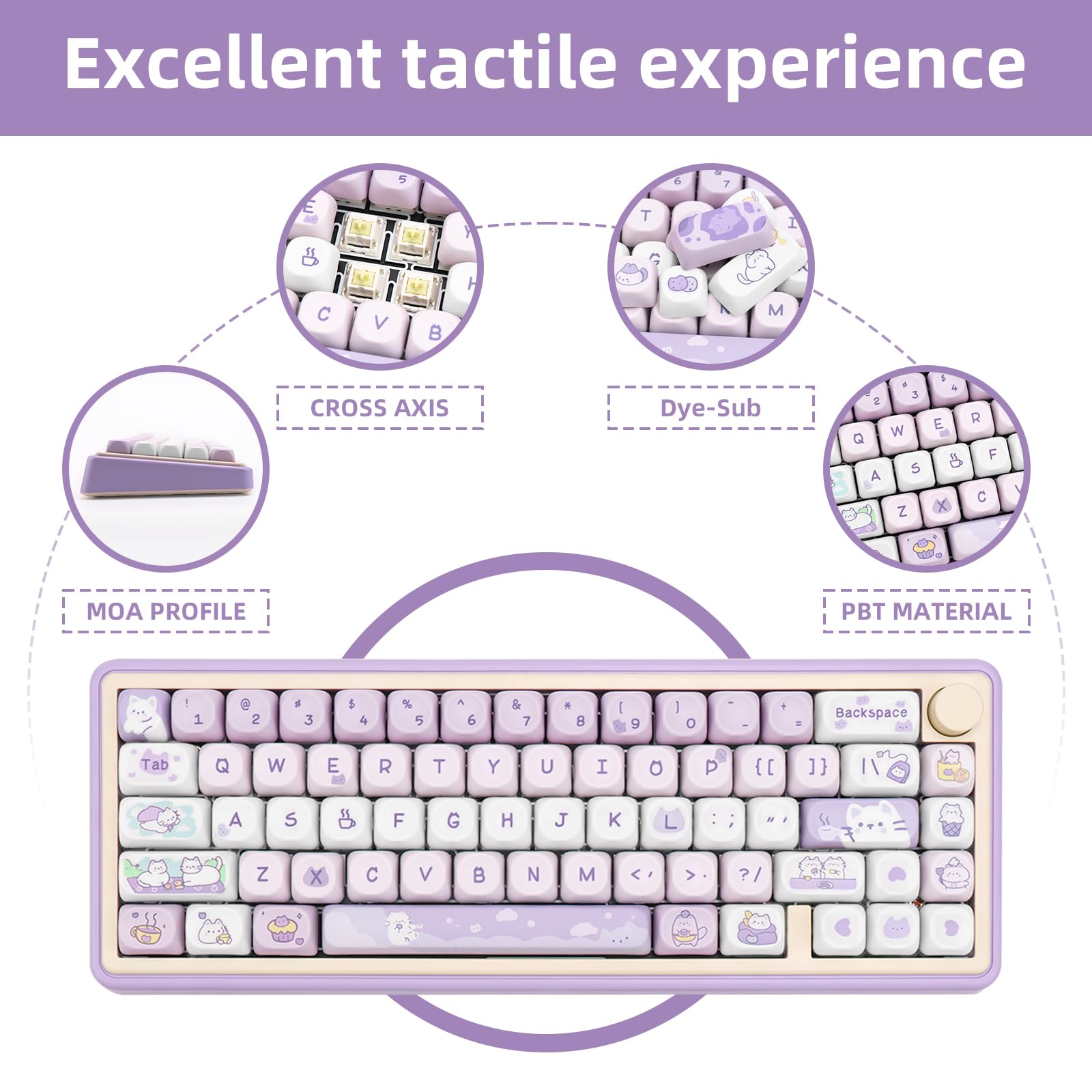 Coomickey Pbt Keycaps, Moa Profile Keycaps 132 Keys Dye Sublimation Purple Cute Cat Customized Keycaps For Ansi Layout Cherry Mx