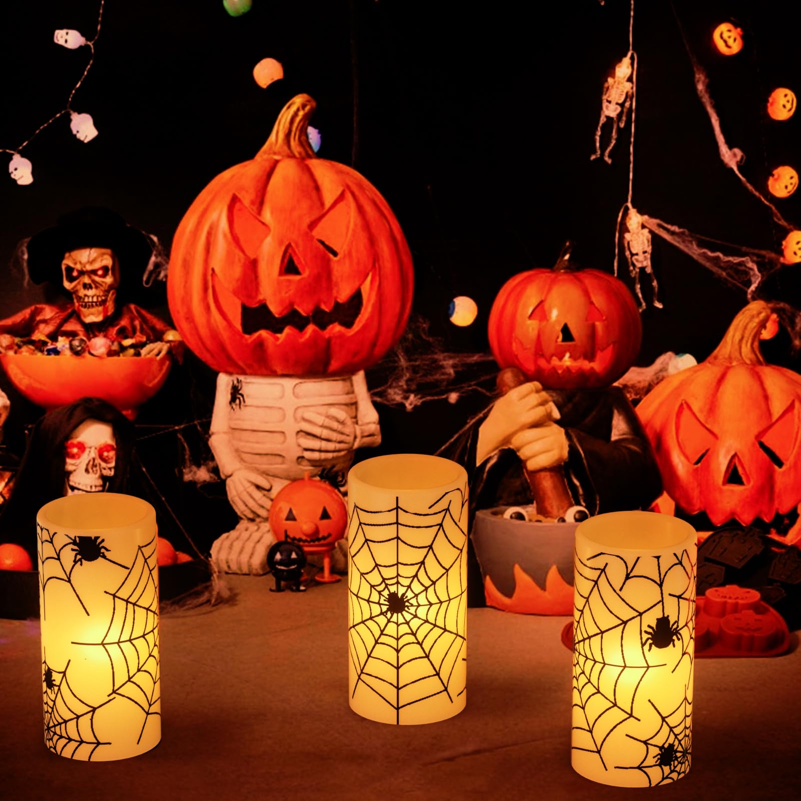 Wondise Halloween Flickering Flameless Candles With Spider Decals, Battery Operated Candles With 6Hrs Timer, Real Wax Halloween