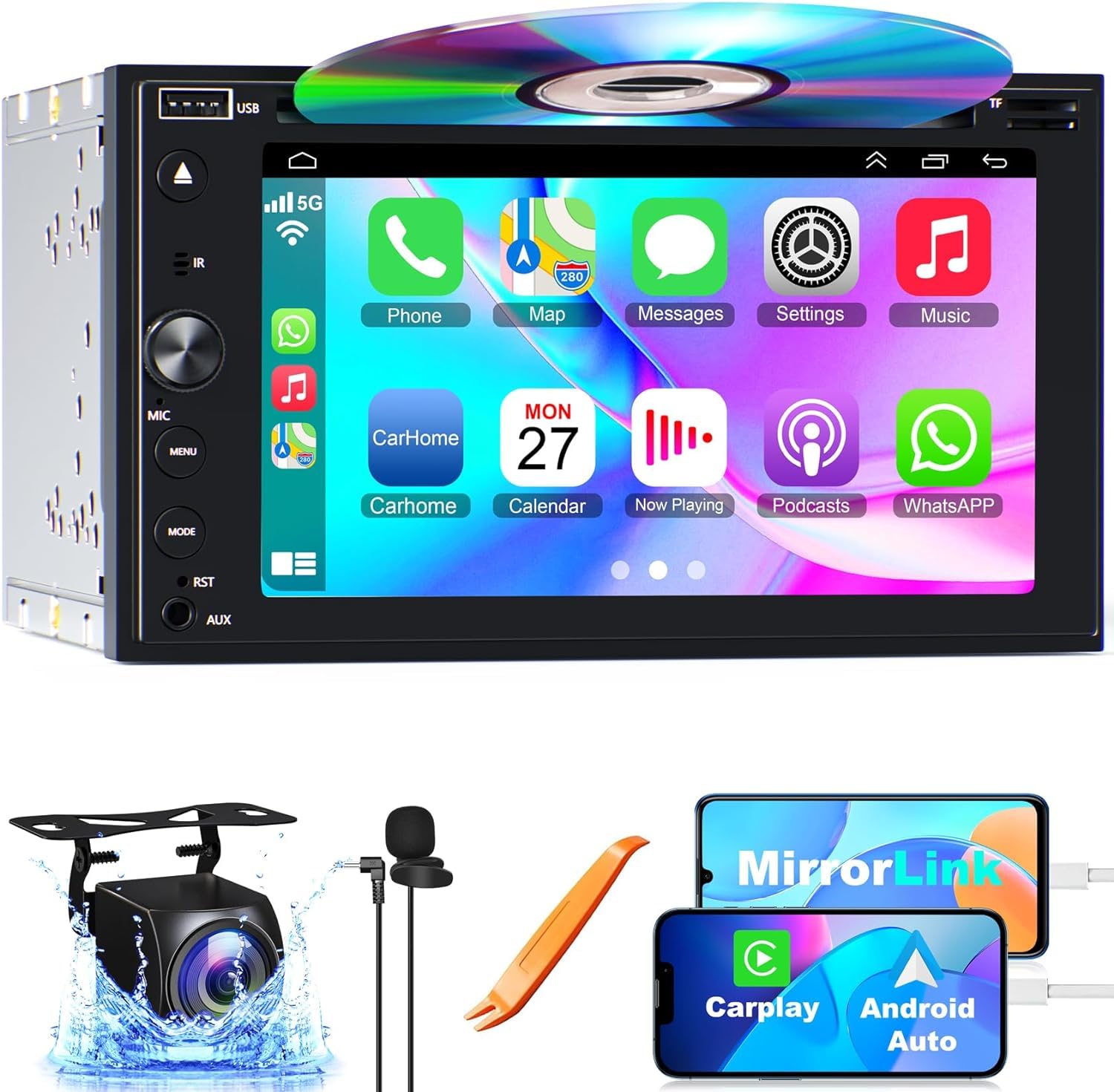Double Din Car Stereo With Carplay & Android Auto, 7 Inch Car Radio With Cd/Dvd Player Support Back Up Camera, Bluetooth & Voice