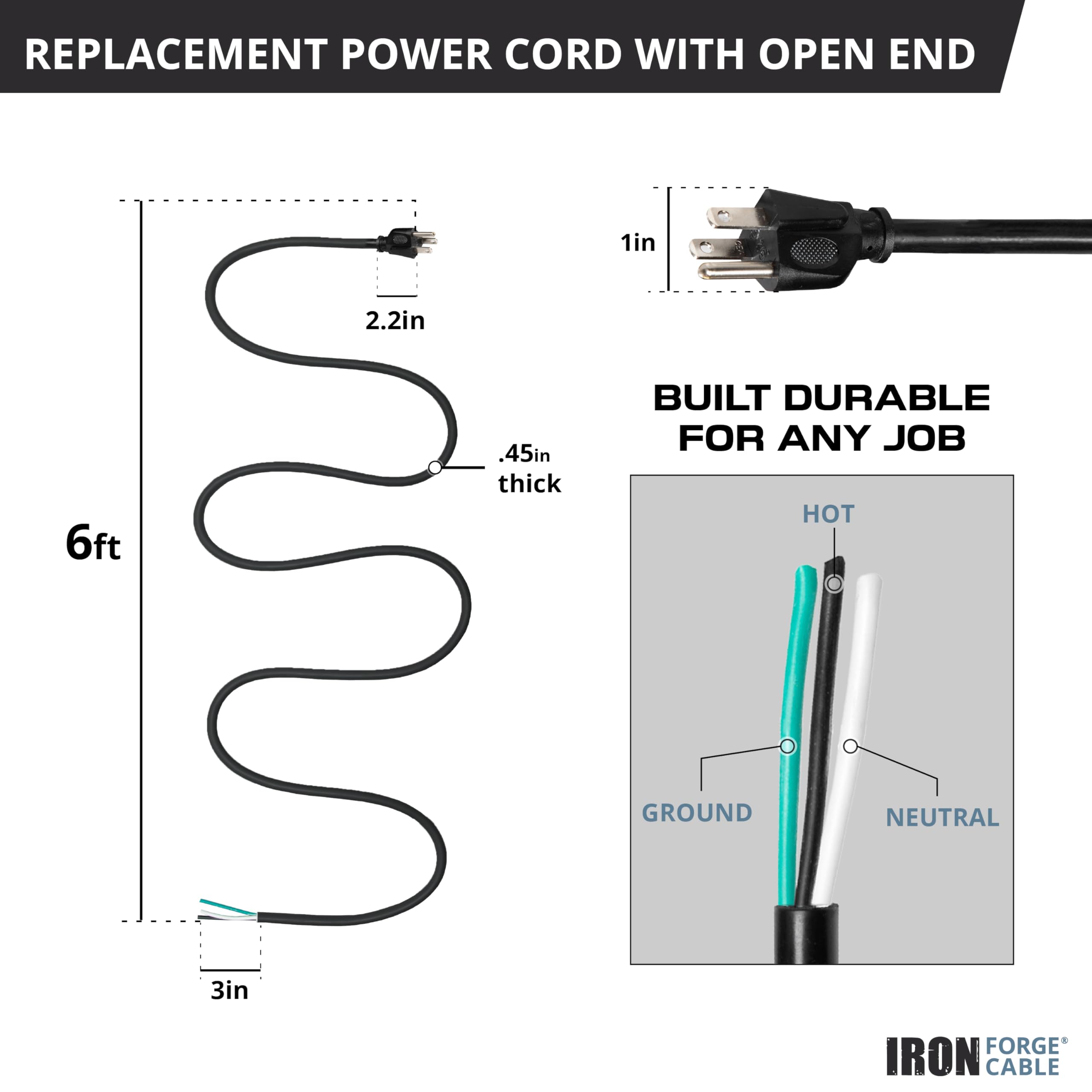 Iron Forge Cable 12 Awg Power Cord Replacement 3 Prong With Open End   15 Amp Black Heavy Duty Extension Cord 6 Ft, Sjt 12/3 Rep