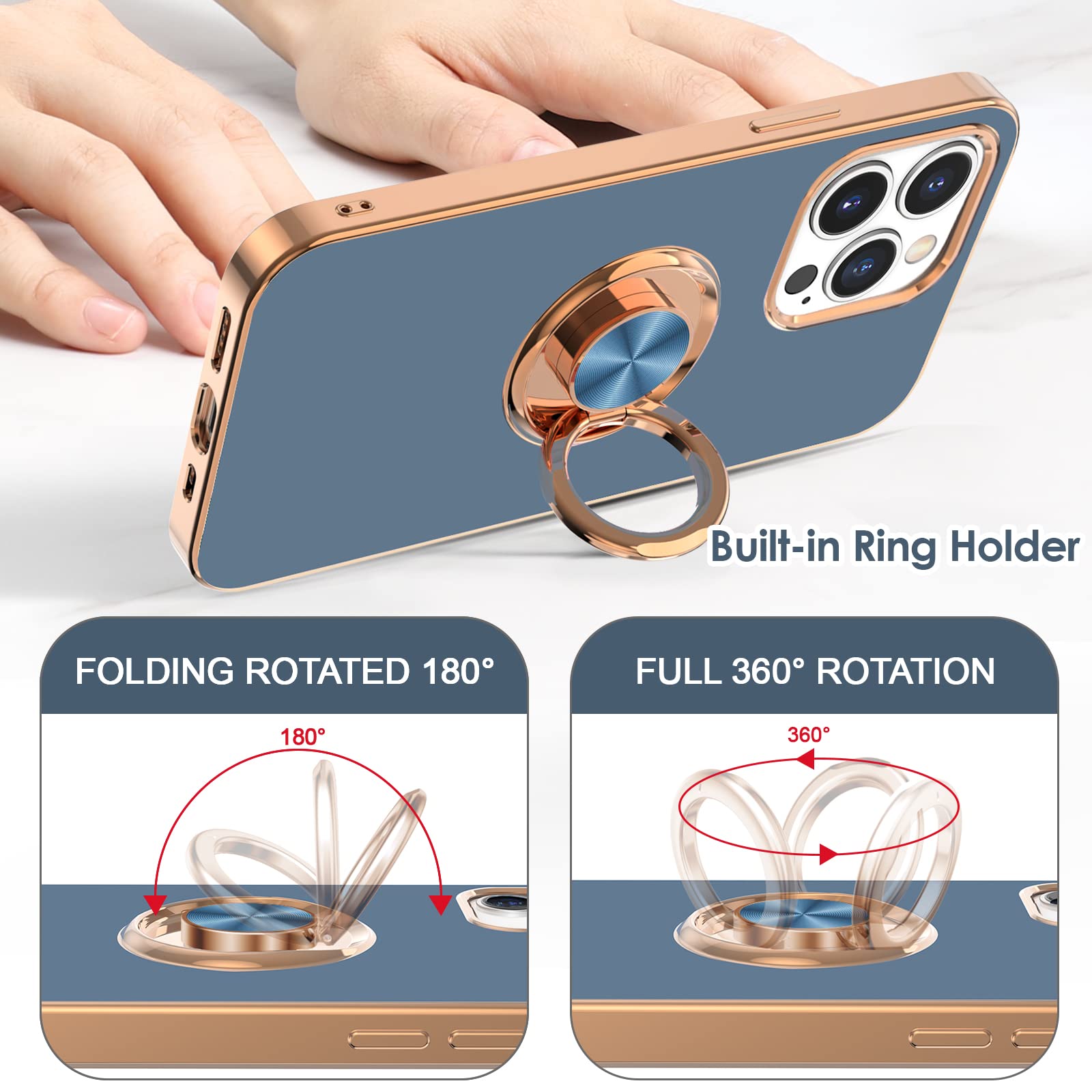 Hython For Iphone 13 Pro Max Case With Ring Stand [360 Rotatable Ring Holder Magnetic Kickstand][Support Car Mount] Plating Rose