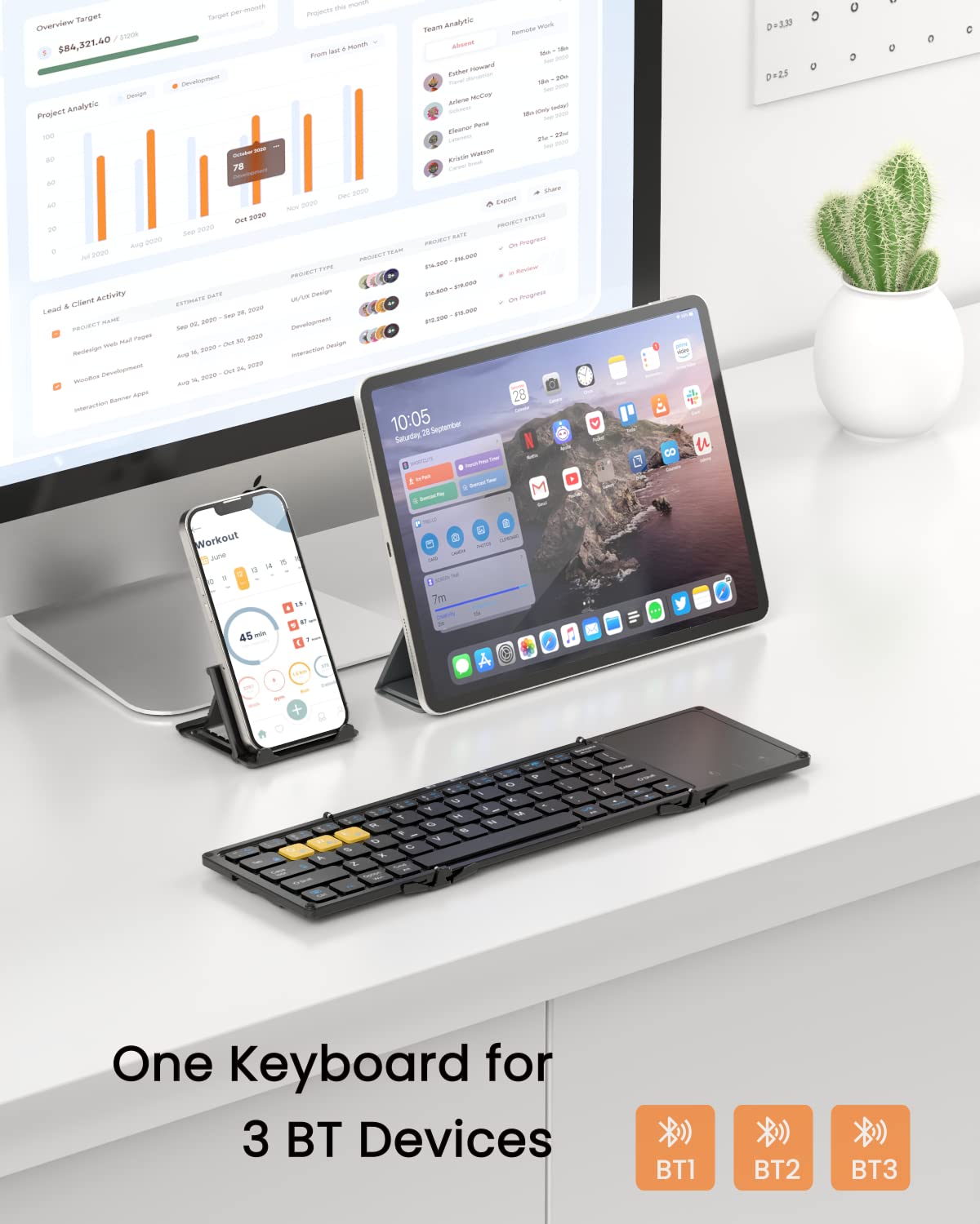 Artciety Foldable Bluetooth Keyboard, Wireless Portable Keyboard With Larger Touchpad, Pocket Sized Folding Travel Keyboard For