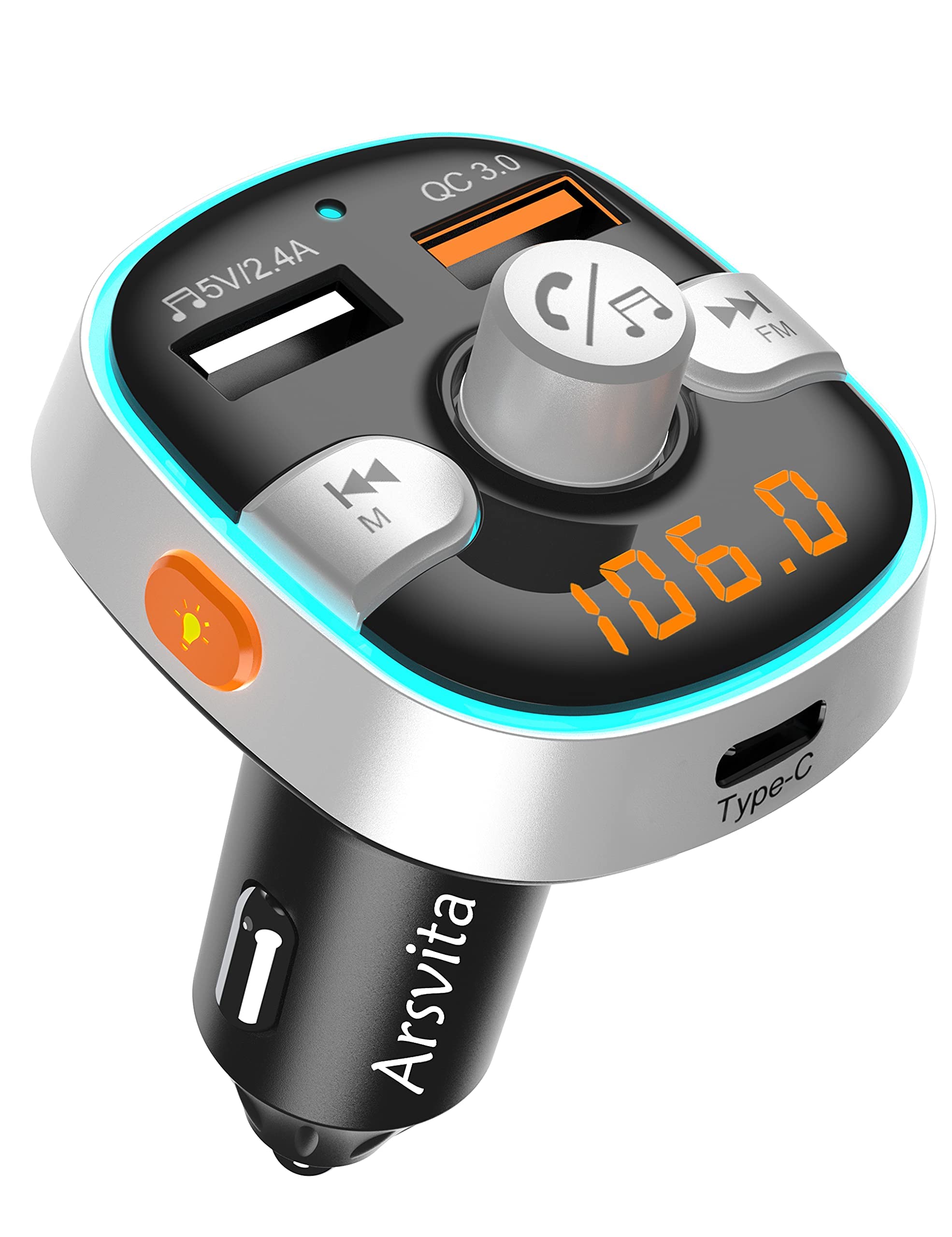 Arsvita Bluetooth Fm Transmitter For Car, Radio Receiver/Audio Adapter With Type C Pd Charger, Support Qc3.0 Quick Charging, Hands Free Calling And Hi Fi Sound Playback, Silver