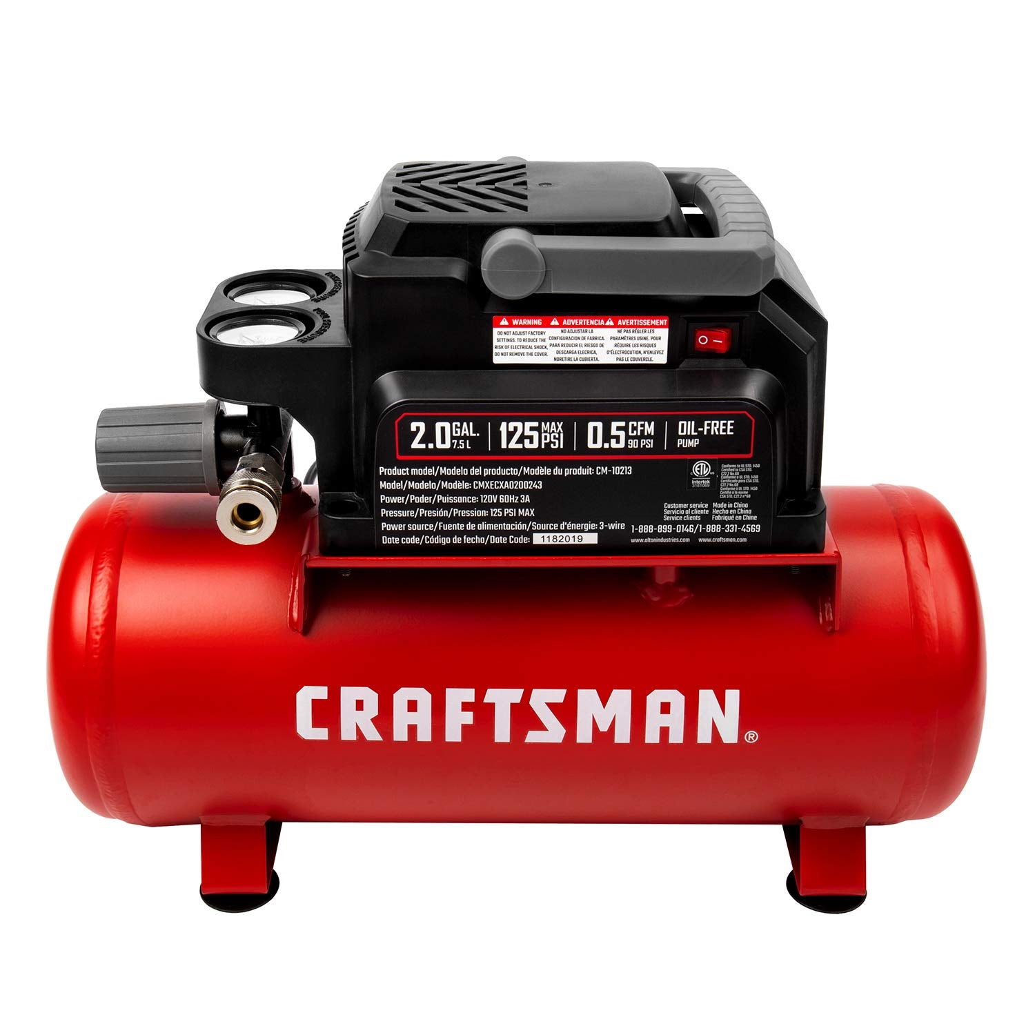 Craftsman Air Tools, 2 Gallon Portable Air Compressor 1/3 Hp Oil Free Max 125 Psi Pressure, Hot Dog, Model: Cmxecxa0200243