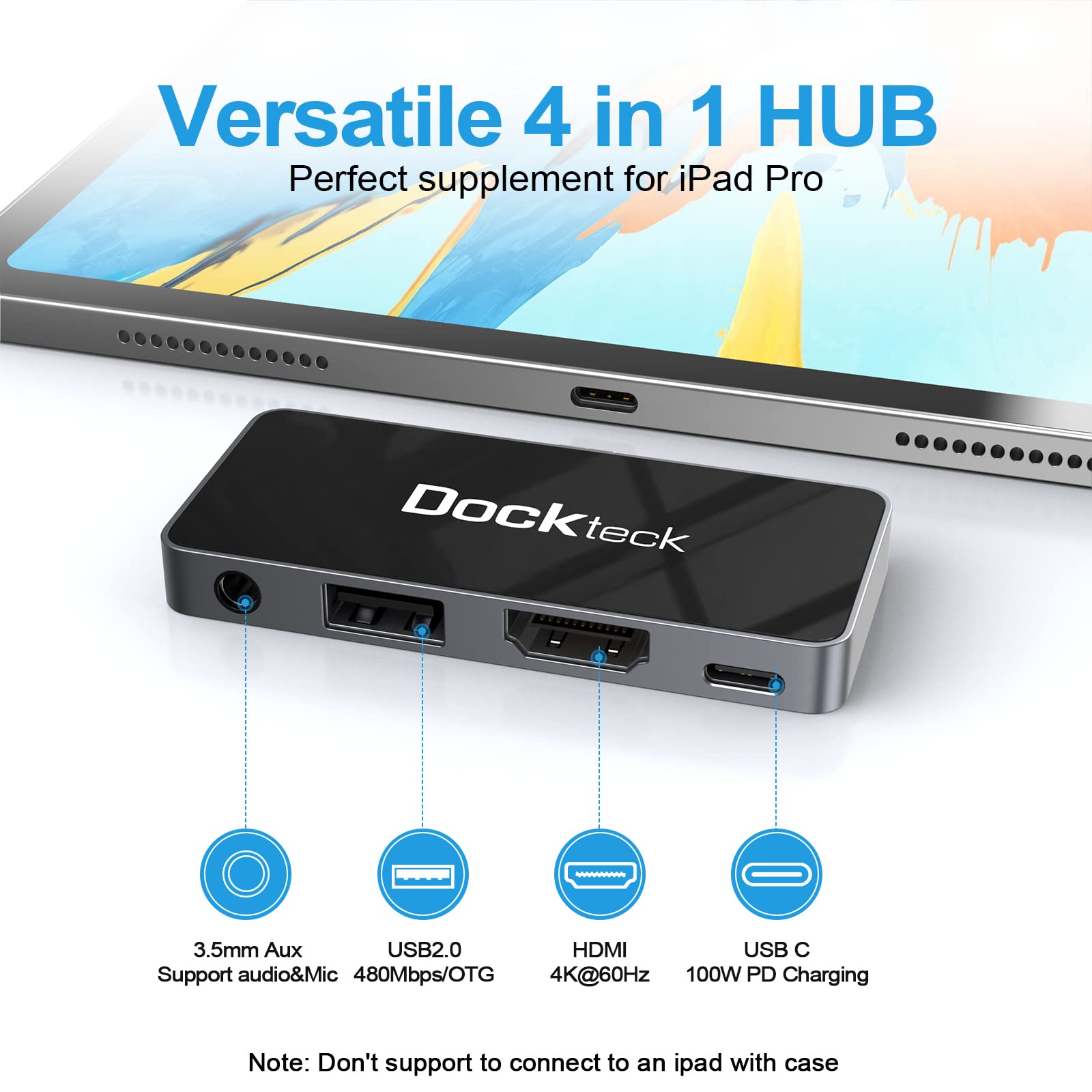 Usb C Hub Adapter For Ipad Pro 2021 2020 2018 11 12.9 / Ipad Air 4 10.9 Ipad Mini6 Dockteck 4 In 1 Ipad Pro Usb C Hub With 100W