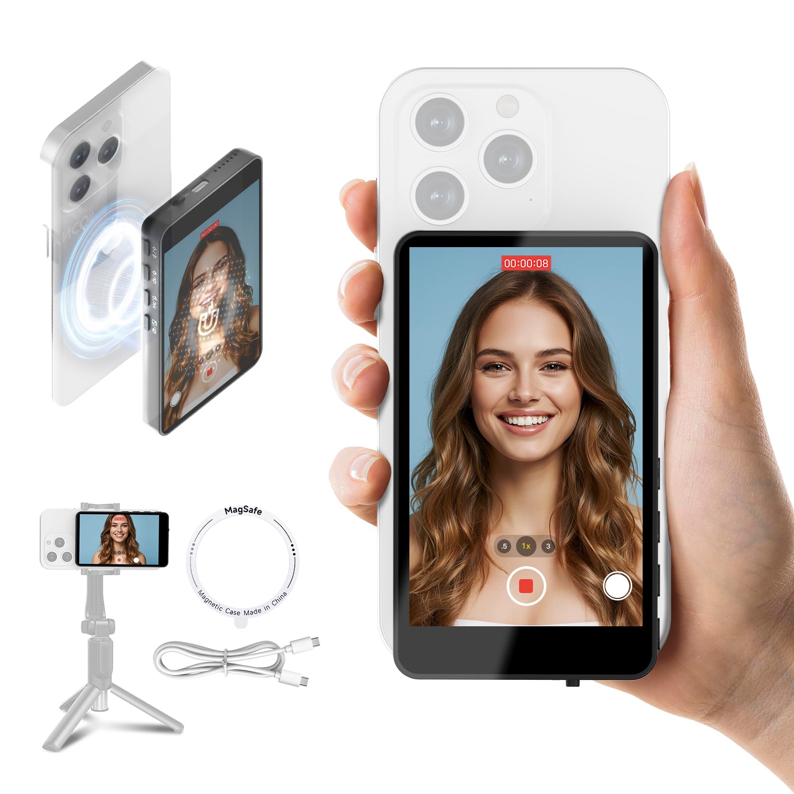 Synco Xview Vlog Selfie Monitor Screen For Iphone & Android, Magnetic Wireless Rear Camera Phone Monitor With 164Ft Range, 3H Ba