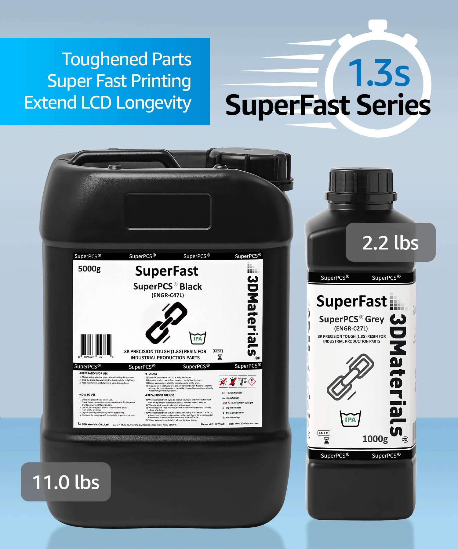 Superpcs 3D Printer Resin, Toughest And Fastest, 50Um 18Gpa Print In 15 Sec, Made In Korea By 3Dmaterials (5000G, Black)