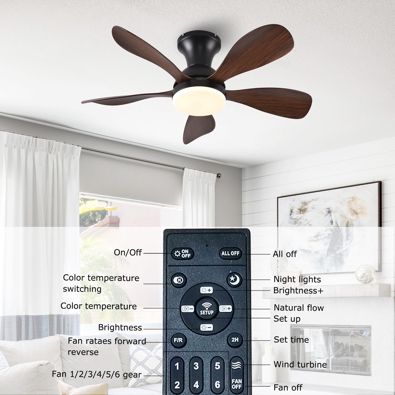 Fumltp 33In Low Profile Ceiling Fans With Lights And Remote/App Control,Modern Flush Mount Ceiling Fan With 5 Reversible Blades