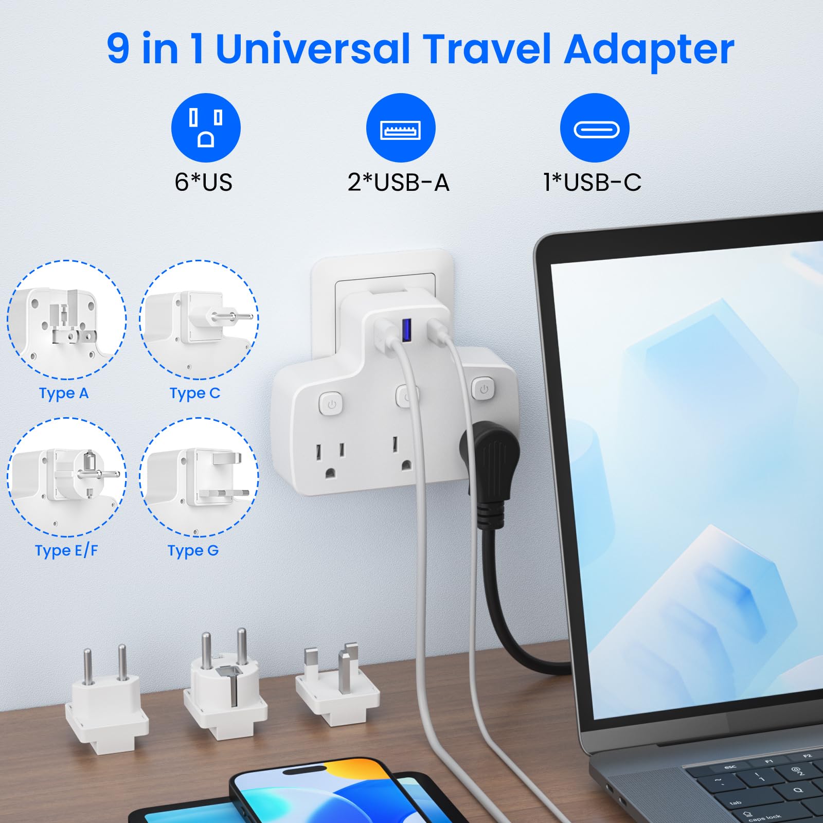 Hozzx Universal Travel Adapter Kit, International Power Adapter With 6 Ac Outlets(3 Usb) And 3 Individual Switches,Type A/B/C/G/