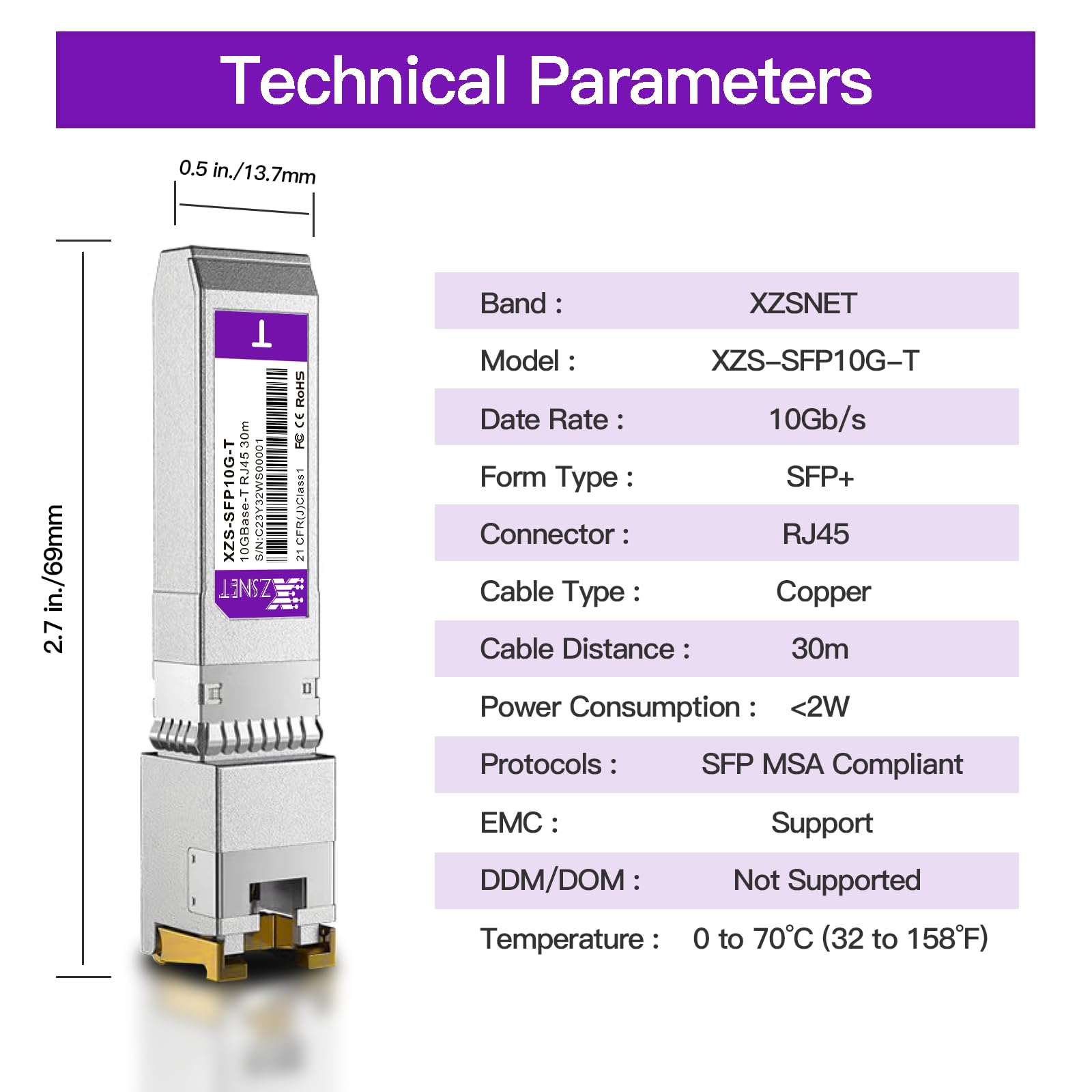 Xzsnet 10Gbase-T Sfp+ Transceiver, Sfp+ To Rj45, 10G Copper Sfp+ To Ethernet Module Compatible With Cisco Sfp-10G-T-S, Ubiquiti