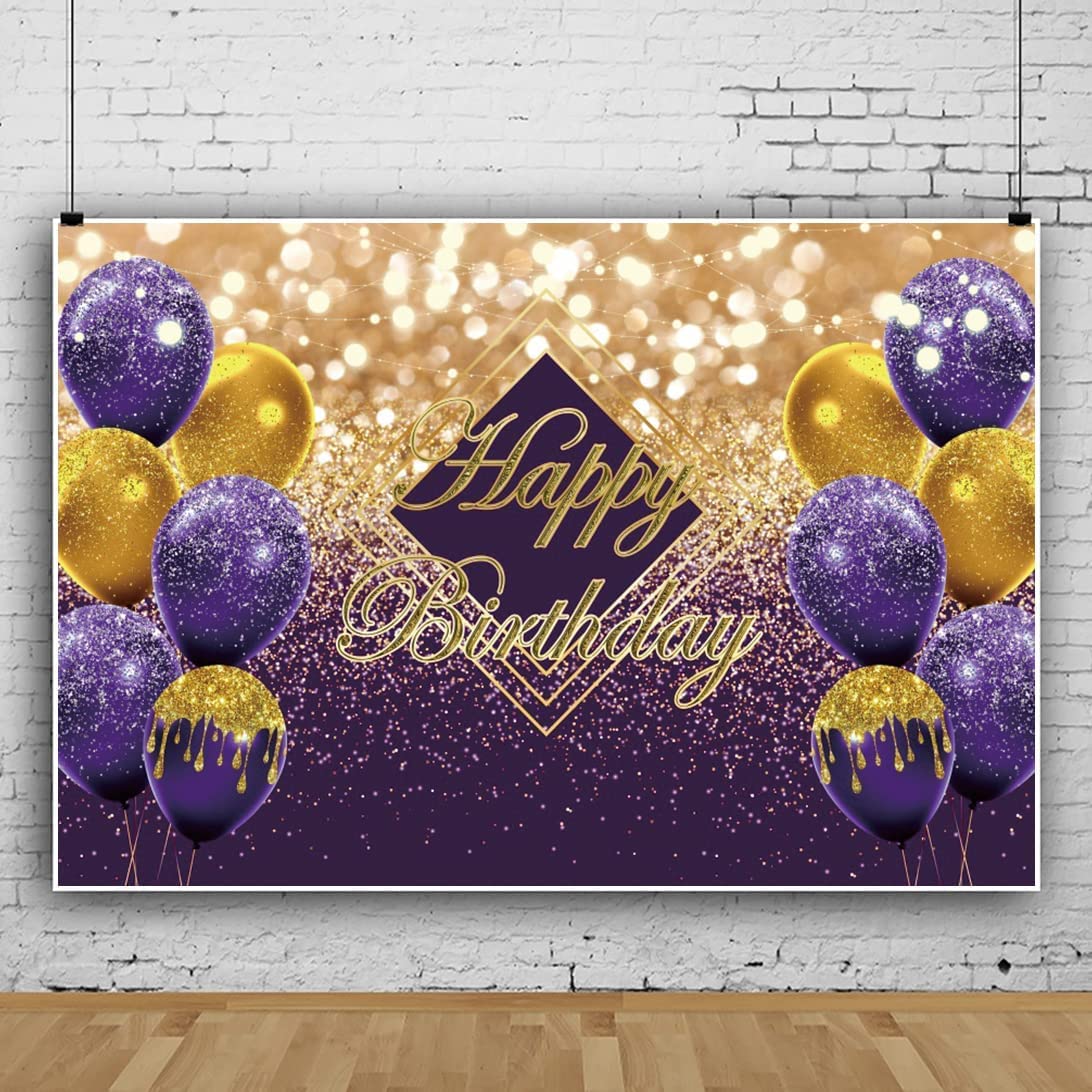 Renaiss 7X5Ft Violet Happy Birthday Backdrop For Photoshoot Kids Men Women Portrait Purple Gold Balloons Photography Background