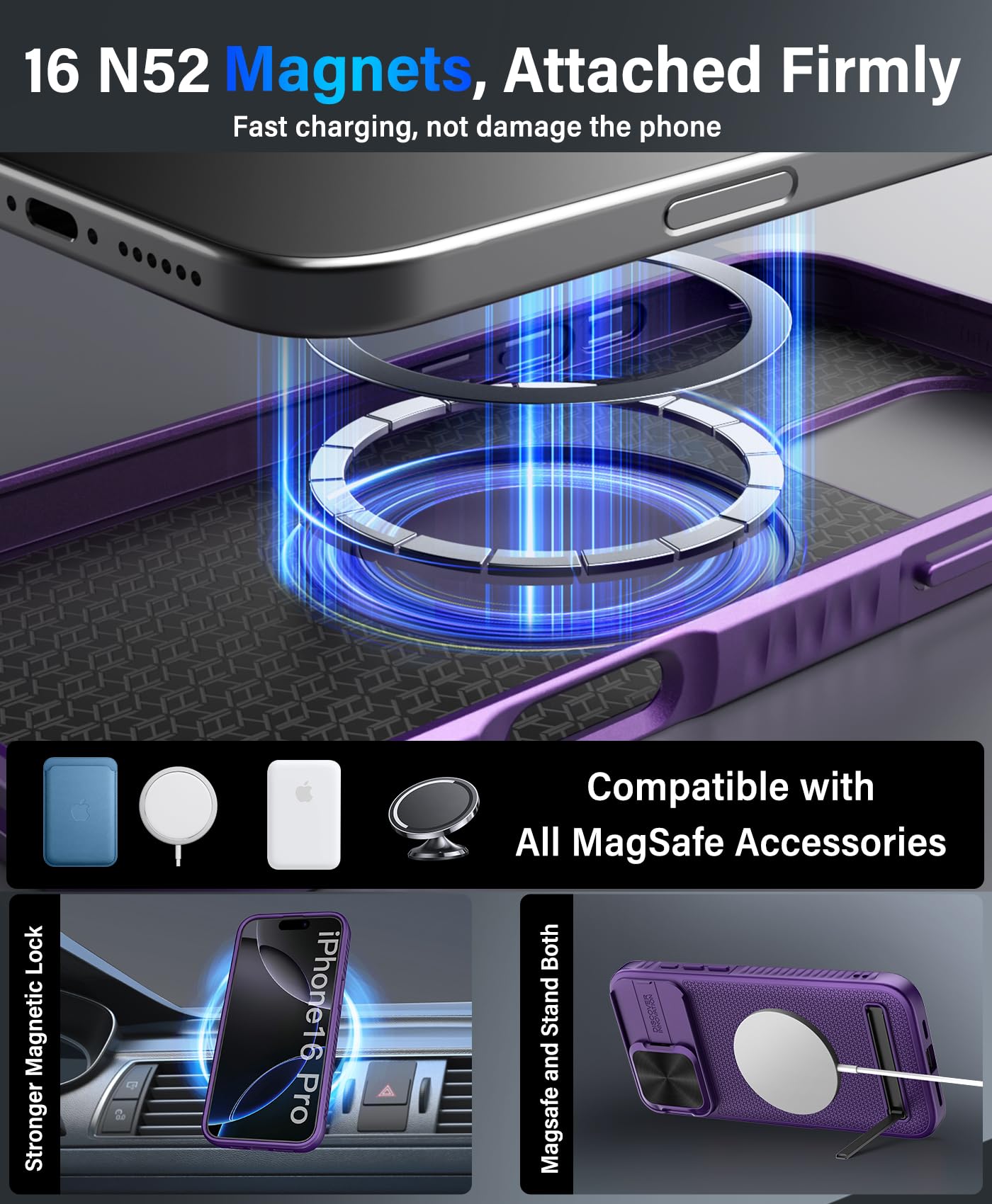 Vihibii For Iphone 16 Pro Case With Kickstand & Slide Camera Cover, [Compatible With Magsafe], Military Grade Drop Protection, S