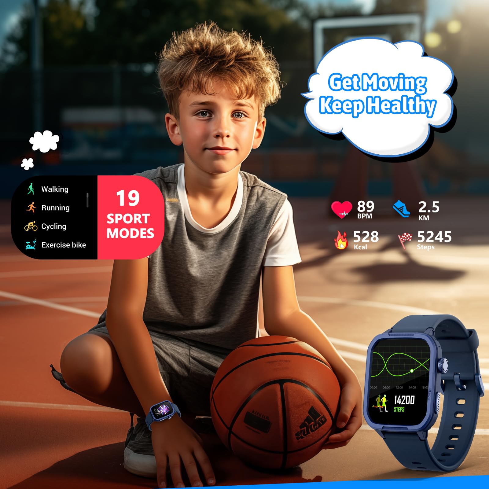 Smart Watch For Kids No Phone Needed, Tempered Glass Fitness Tracker Boy Teens With 19 Sport Modes, Pedometer, Sleep Monitor, Ki