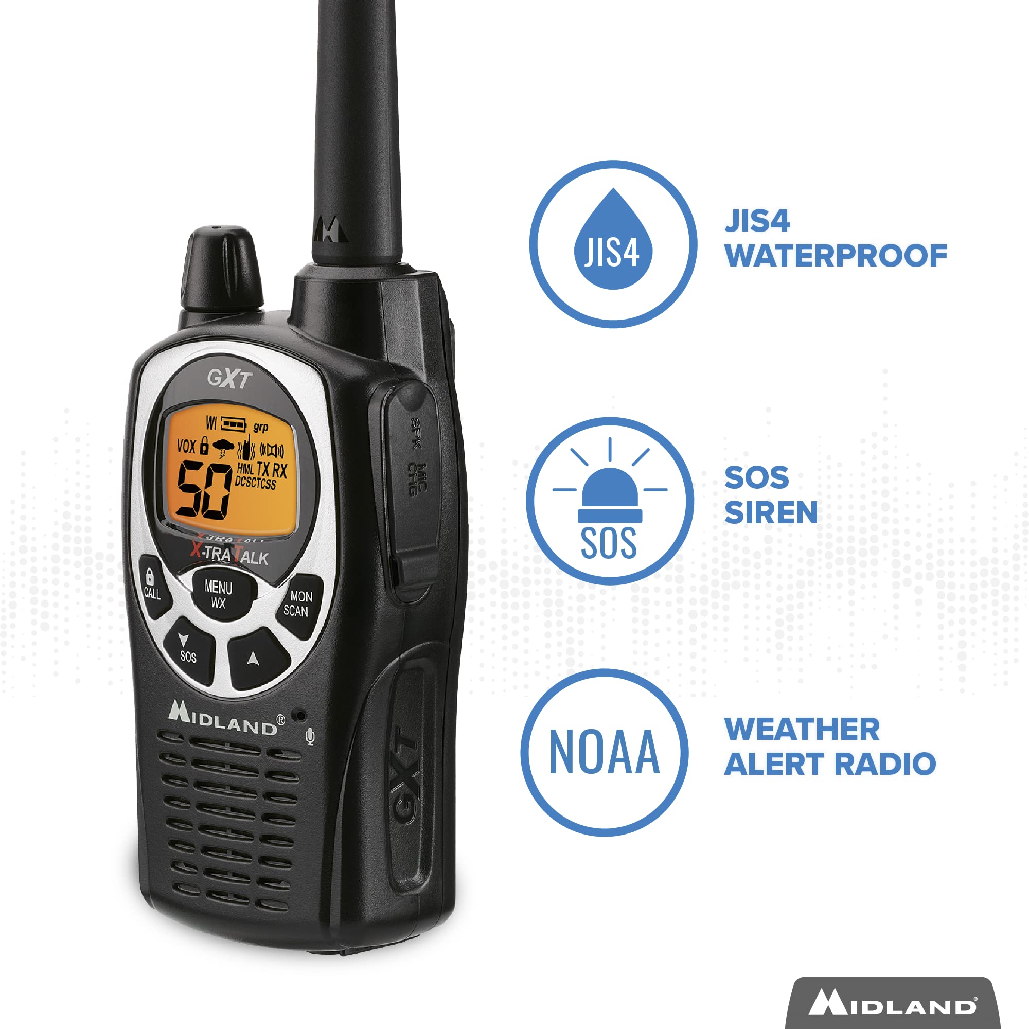 Midland�   Gxt1000Az   50 Channel Gmrs Two Way Radio   Long Range Walkie Talkie With 142 Privacy Codes, Sos Siren, And Noaa Weather Alerts And Weather Scan (Black/Silver, Single Pack)