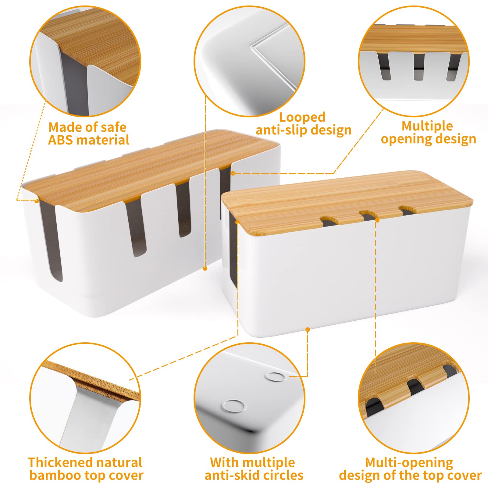 Cable Management Box 2 Pack Cable Organizer Box With 135Pcs Cable Clips Set,Wood Lid,Cord Organizer For Desk,Tv Wires,Computer U