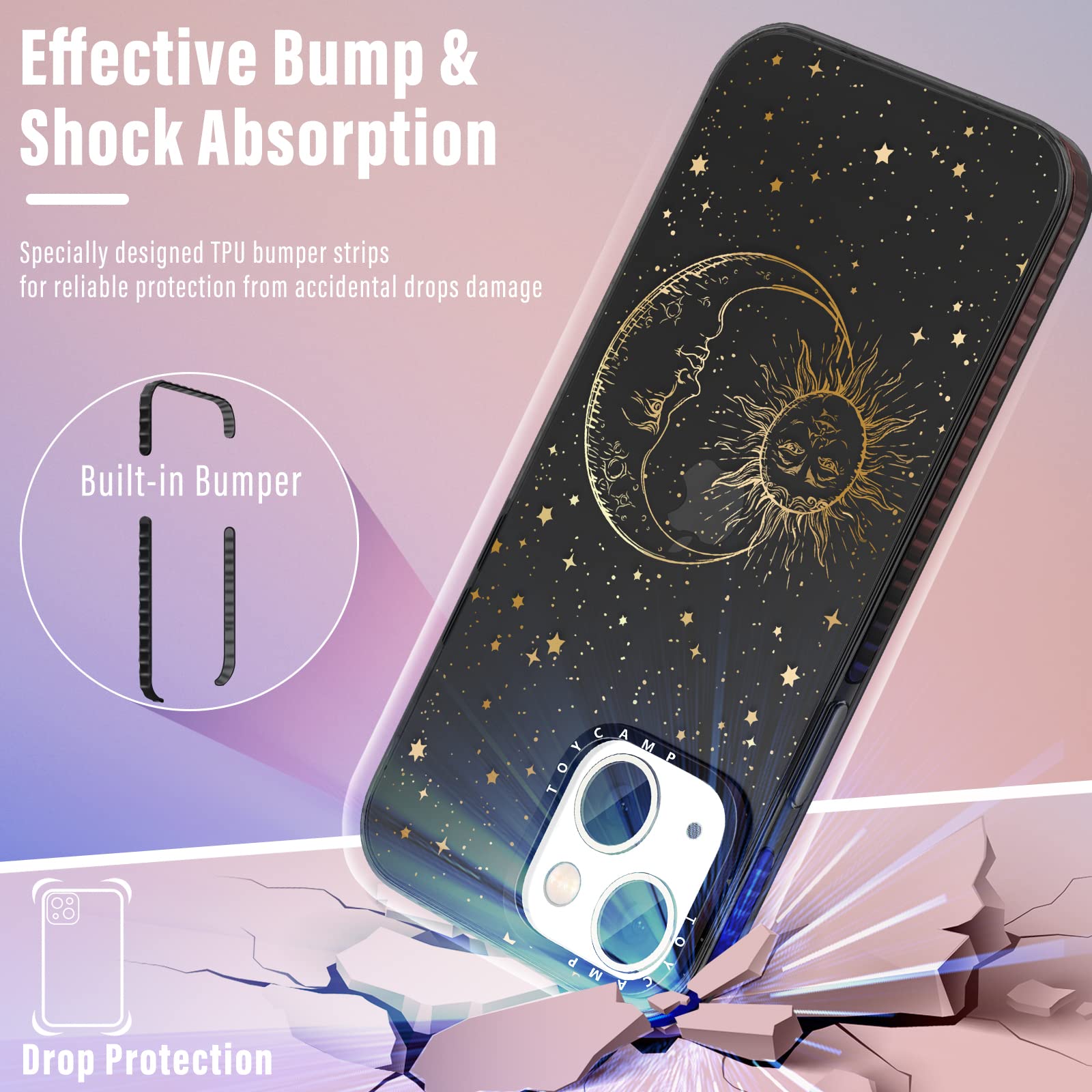 Toycamp For Iphone 13 Case, Sun Moon Stars Design For Women Mens Girls Boys Teens Cool Fantasy Glitter Print Case With Ring Kick