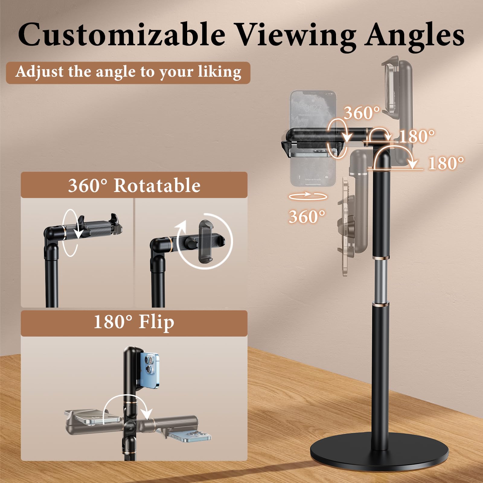 Wisfissh Height/Angle Adjustable Phone Holder, 10-25 Retractable Tall Phone Stand For Desk,720Rotatable+180Flip Phone Holder Sta