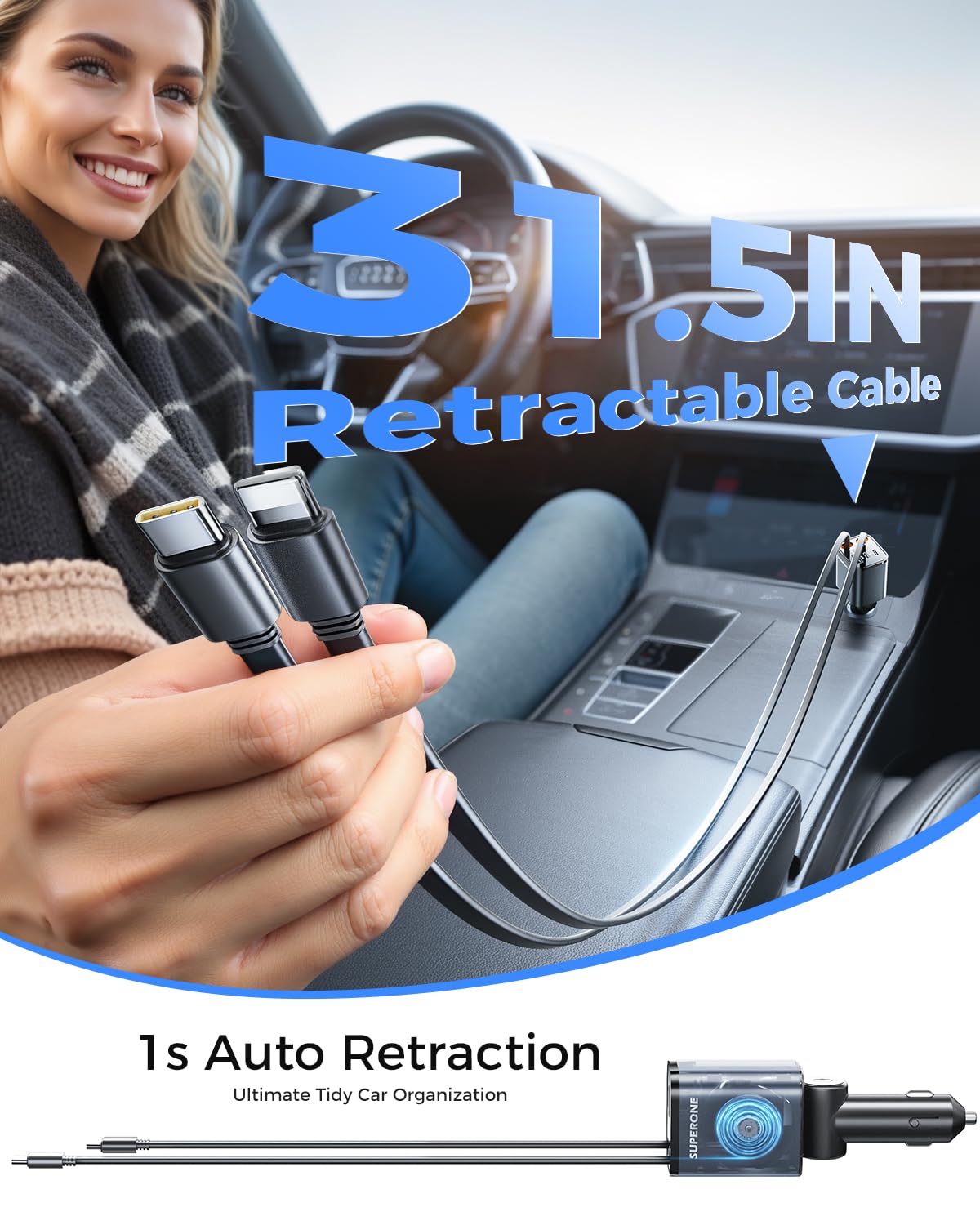 ?2025 Ultra-Compact? Superone Retractable Car Charger, 5 In 1 Car Phone Charger With 84W Fast Charging Cables, Car Accessories A