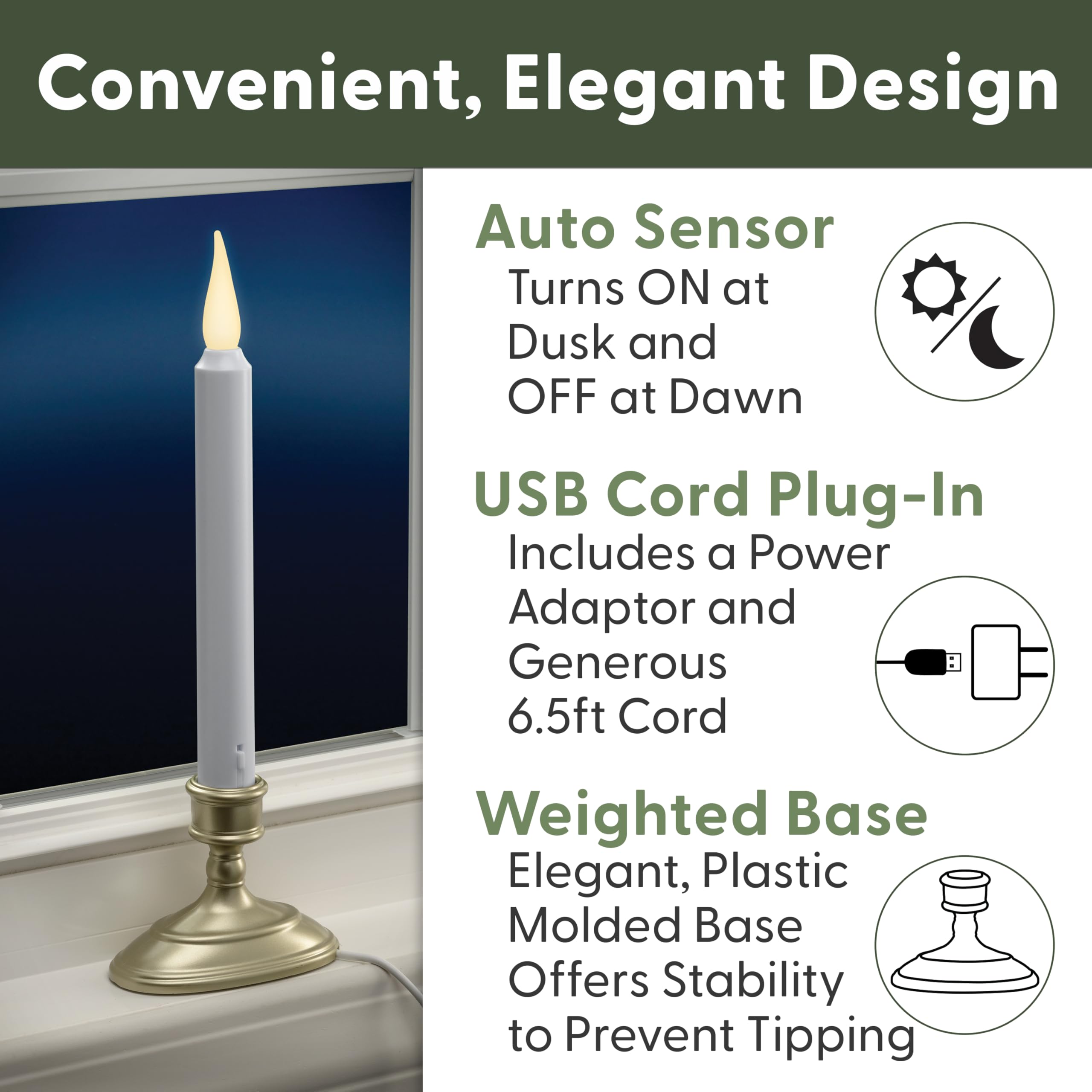 612 Vermont Led Electric Window Candles With Sensor Dusk To Dawn, Warm White Flicker Flame Or Steady On, Usb Low Voltage Adapter