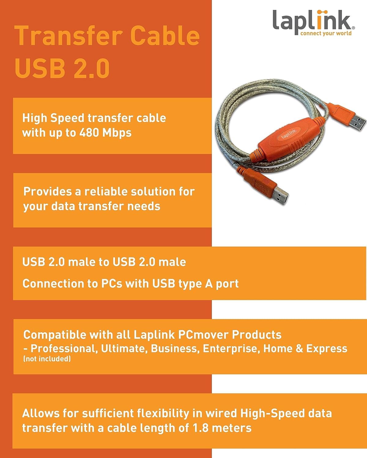 LAPLINK USB 2.0 High-Speed Transfer Cable, 6 ft, Black, Copper, for PCmover Migration Software, Model FBA_PACBLUSB02000PBRTPEN