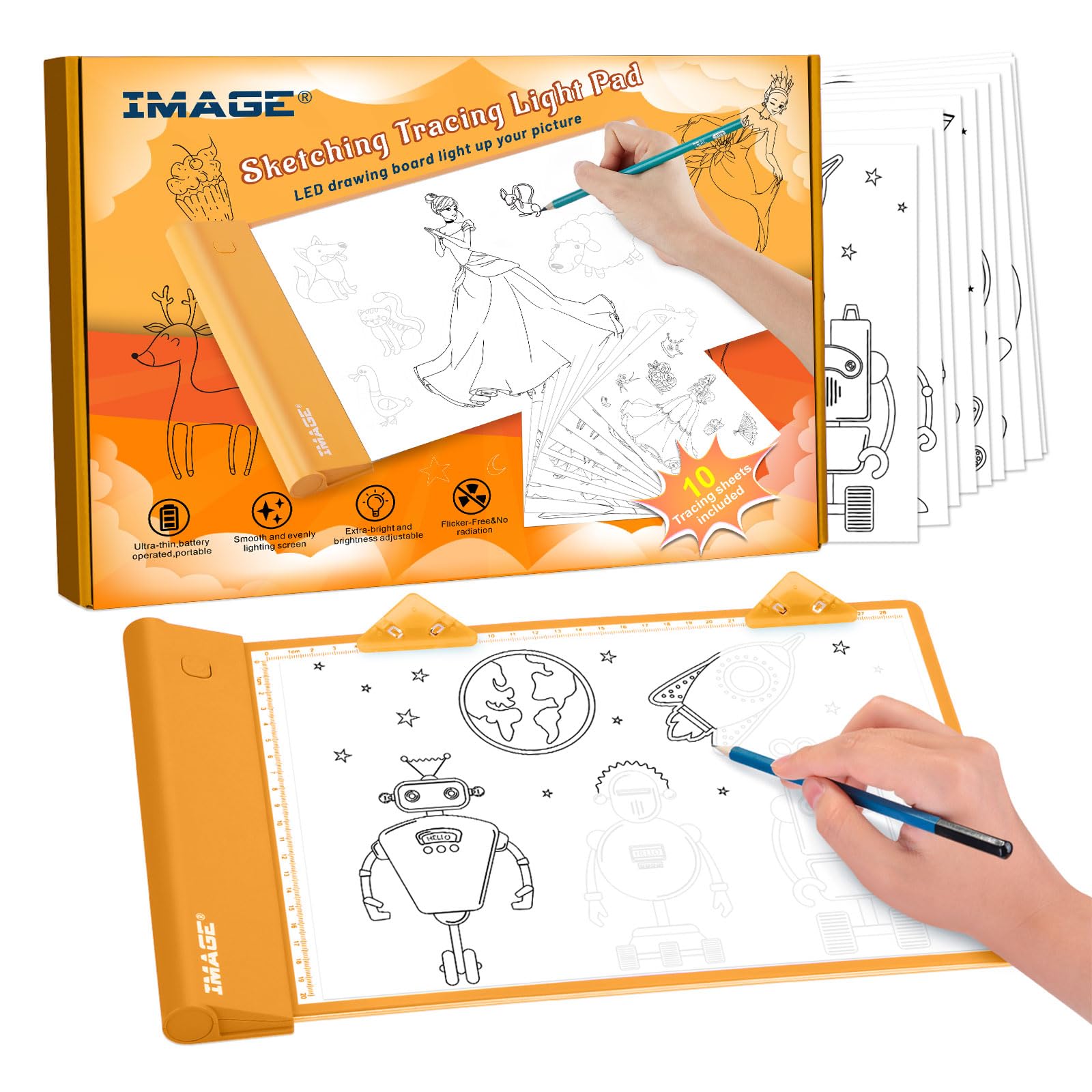 IMAGE Light Up Tracing Pad Orange Drawing Tablet Coloring Board for Kids Children Toy Gift for Girls Boy (Includes 10 Traceable 