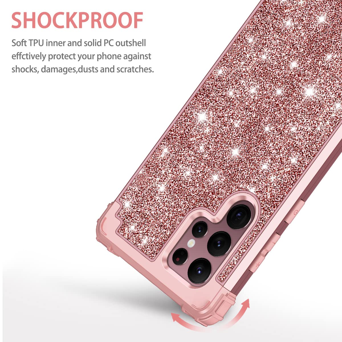 Lontect For Galaxy S22 Ultra 5G Case Three Layer Shockproof Heavy Duty Hybrid Sturdy High Impact Protective Cover Glitter Sparkl