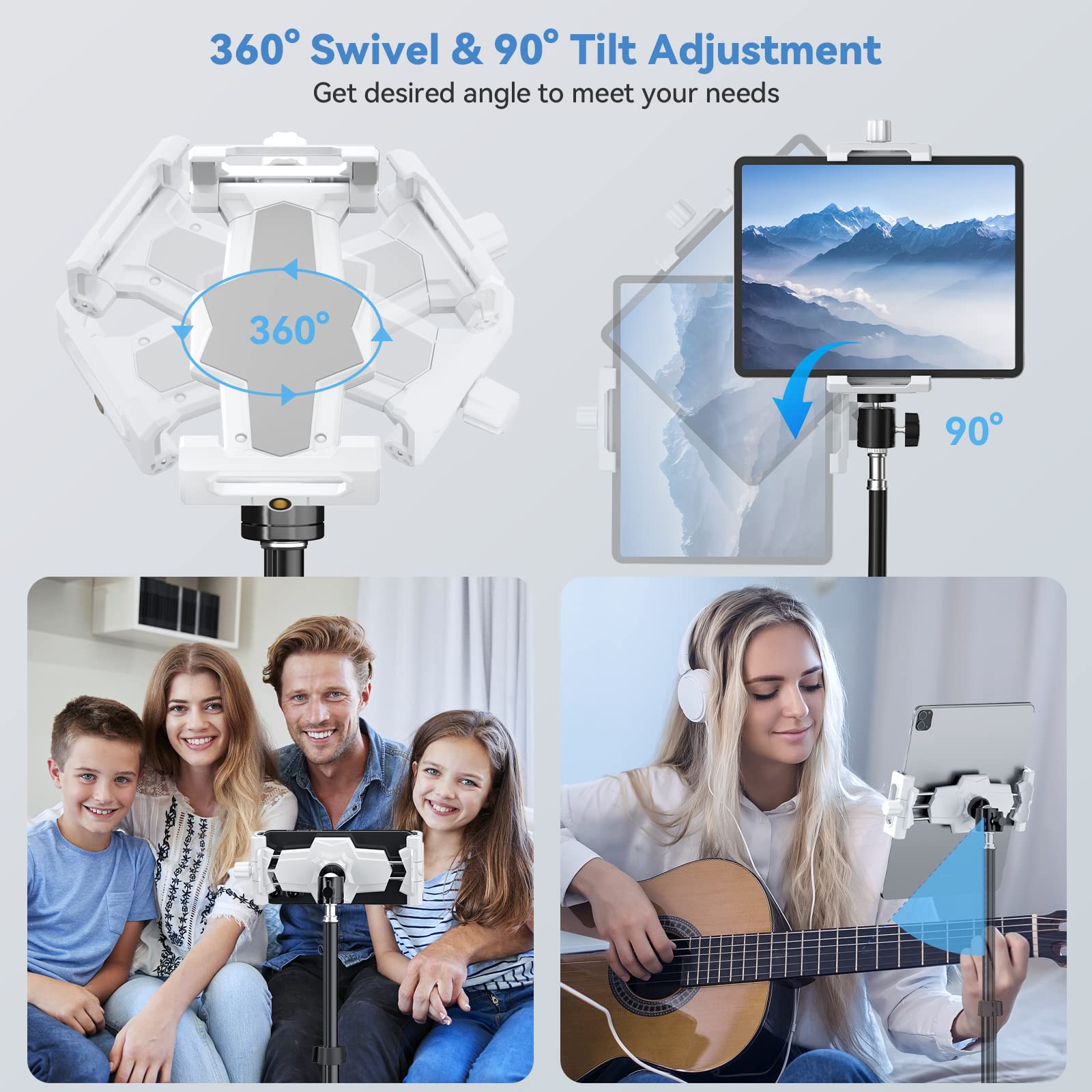 Kdd Ipad And Phone Tripod Mount Adapter With Ball Head, White Tablet Mount For Tripod, 360 Rotatable Ipad Holder Clamp Fit Ipad Pro 12.9, Ipad Air Mini, Galaxy Tab, Surface Pro, Selfie (5.3 10.6��)