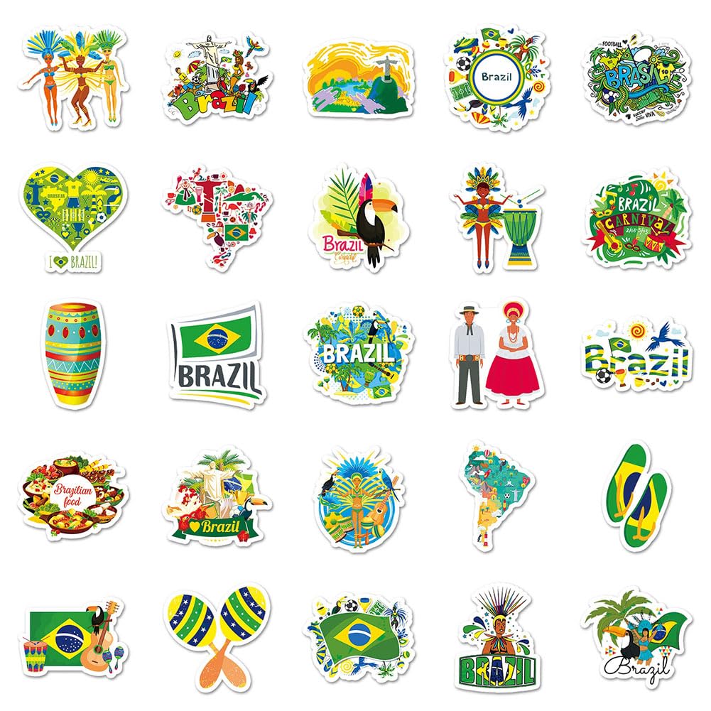 JUJUMAY Brazil Waterproof Vinyl Stickers - 50Pcs Decals for Water Bottles, Laptops, Cars, and More - Model RF-20231121-A04