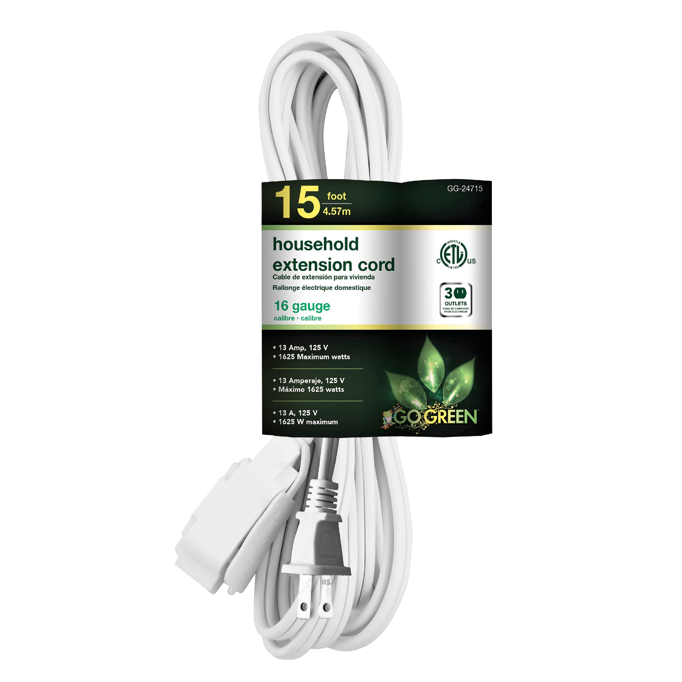 Gogreen Power (Gg 24715) 16/2 15' Household Extension Cord, 3 Outlets, White, 15 Ft