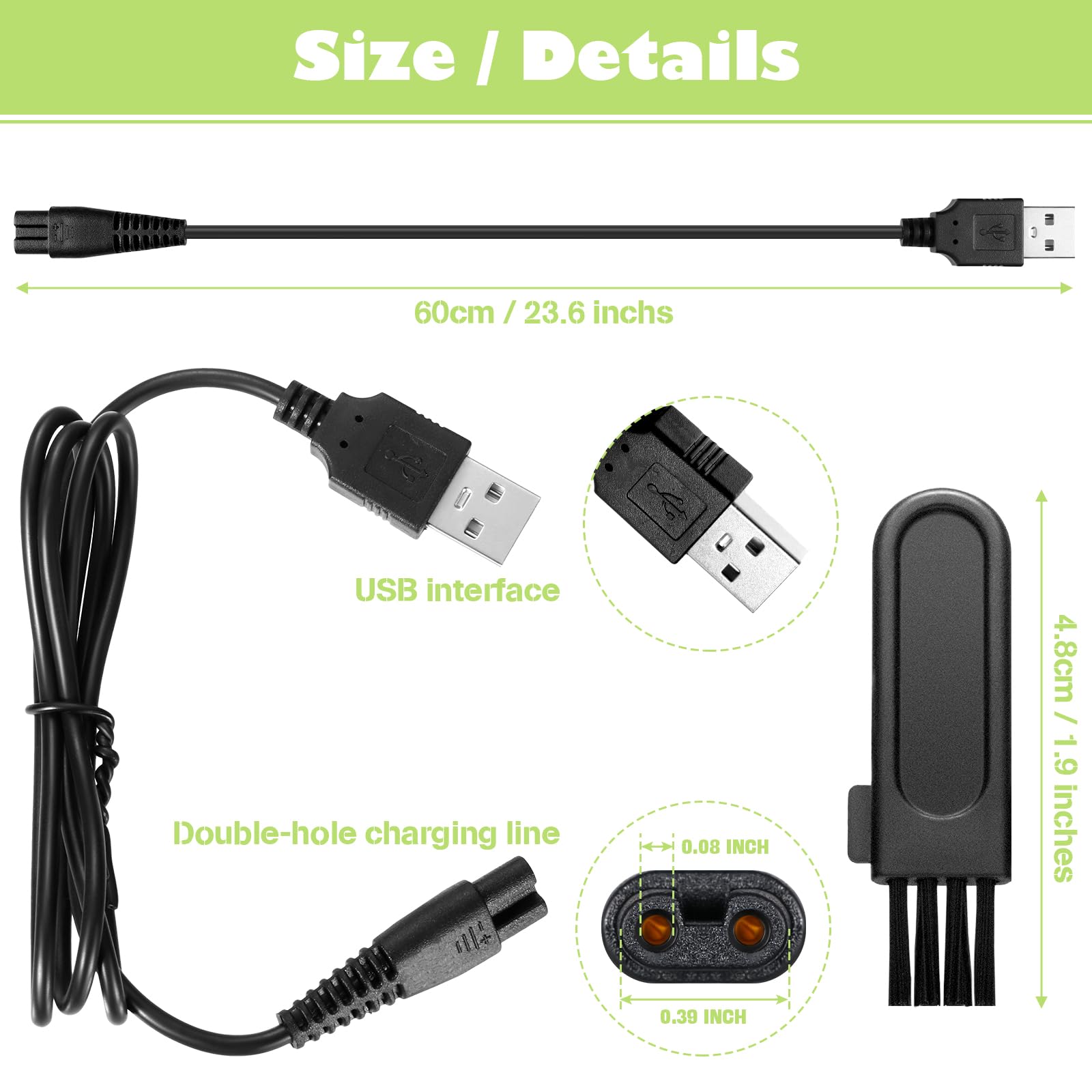 Honoson Head Shaver Power Cord Replacement Shaver Charger Cord Usb Cable Usb Data Line And 5 Pieces Cleaning Brush Clipper Brush