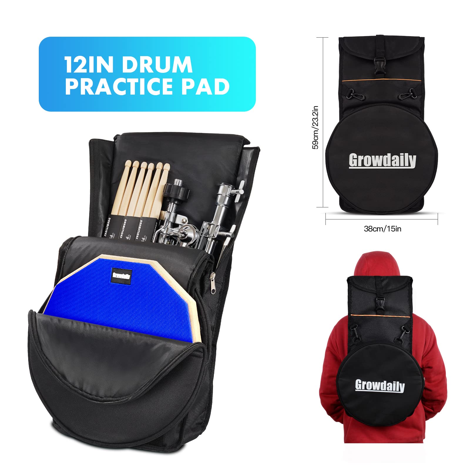 Drum Practice Pad Snare Drum Stand Set 12 In With Blue Double Sided Silent Drum Pad,Drum Dampeners Gel, Drum Sticks,Carrying Bag