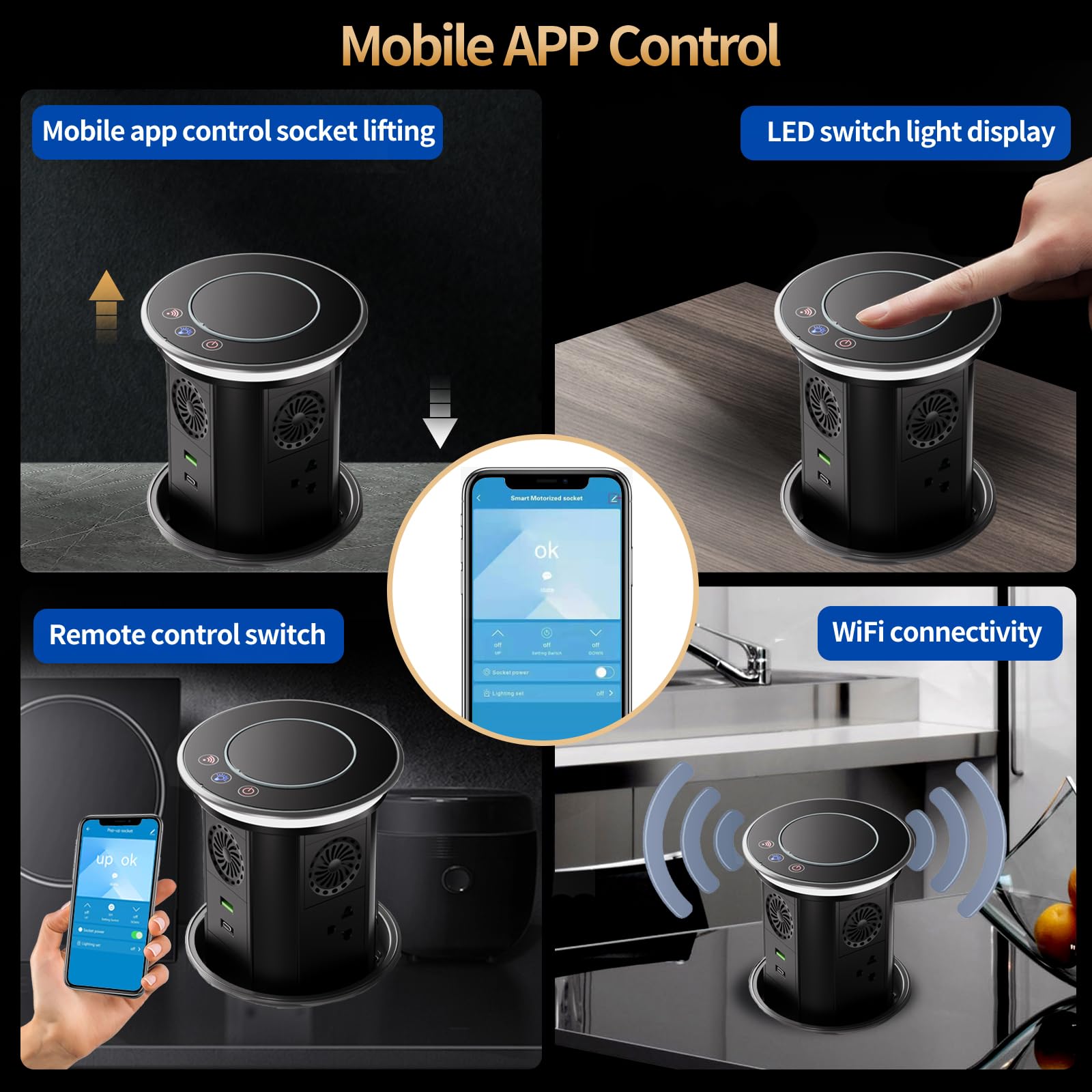 Pop Up Outlet For Countertop With Mobile App Remote Control, 4.9'' Space Saver Recessed Outlet With 3 Outlets,2 Usb Ports And Sp