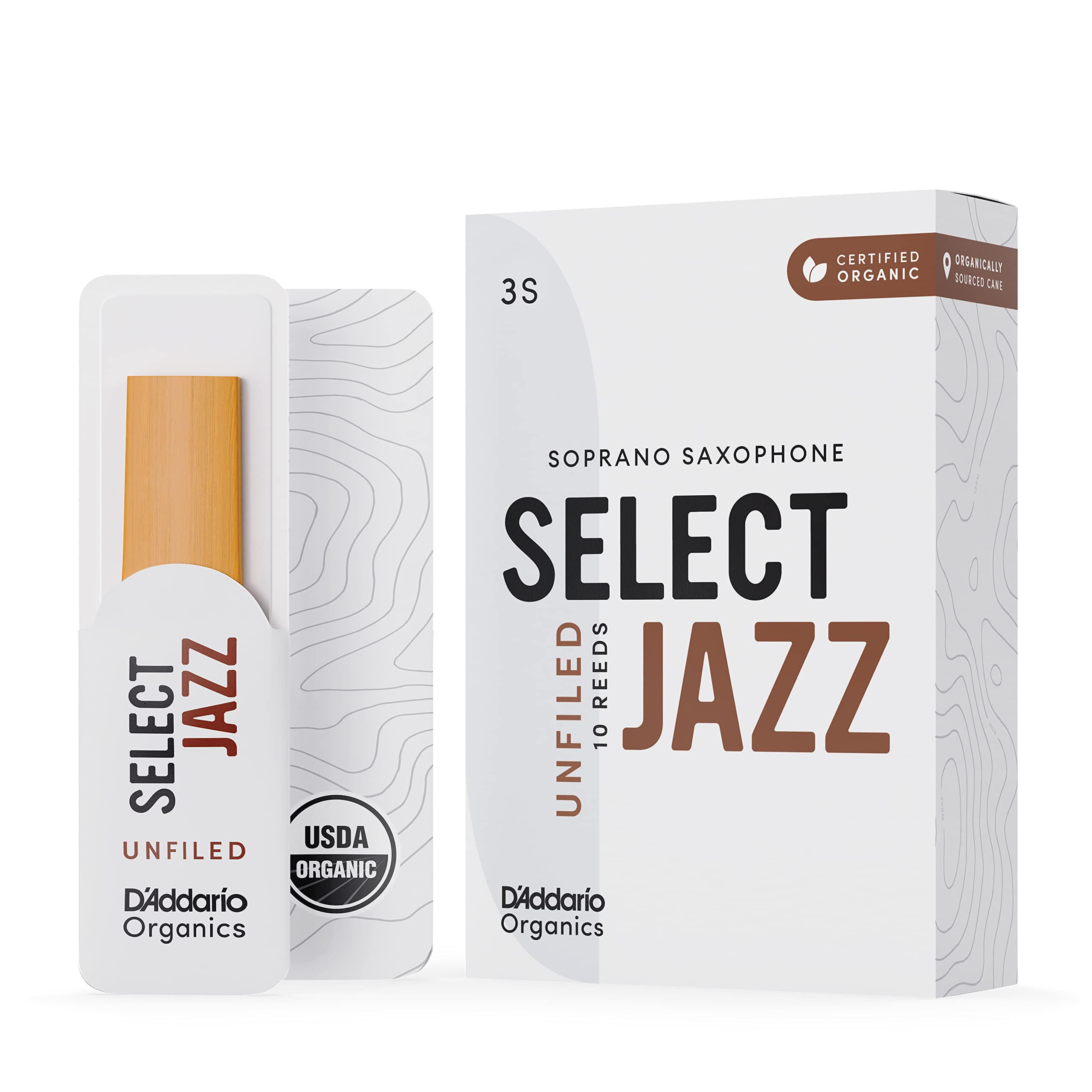 Daddario Organic Select Jazz Soprano Saxophone Reeds   Unfiled, Soft, Strength 3, 10 Pack