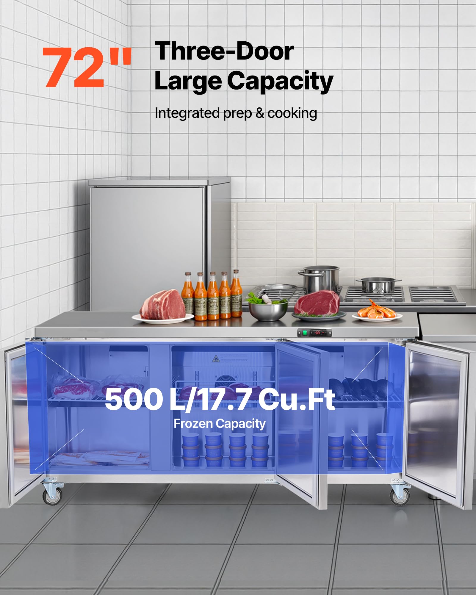 Vevor 72 W Commercial Freezer, 17.7 Cu.Ft Worktop Freezers Undercounter With Led Auto Lighting And Lockable Door, 3 Doors Food F