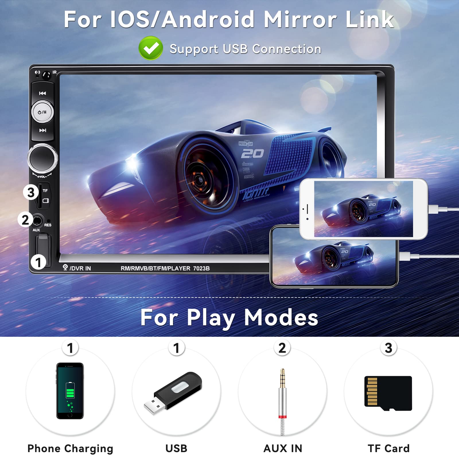 Camecho 7' Double Din Car Stereo Audio Bluetooth Mp5 Player Usb Fm Multimedia Radio+ 4 Led Mini Backup Camera With Steering Wheel Remote Support Mobile Phone Synchronization (Used In Android/Ios)