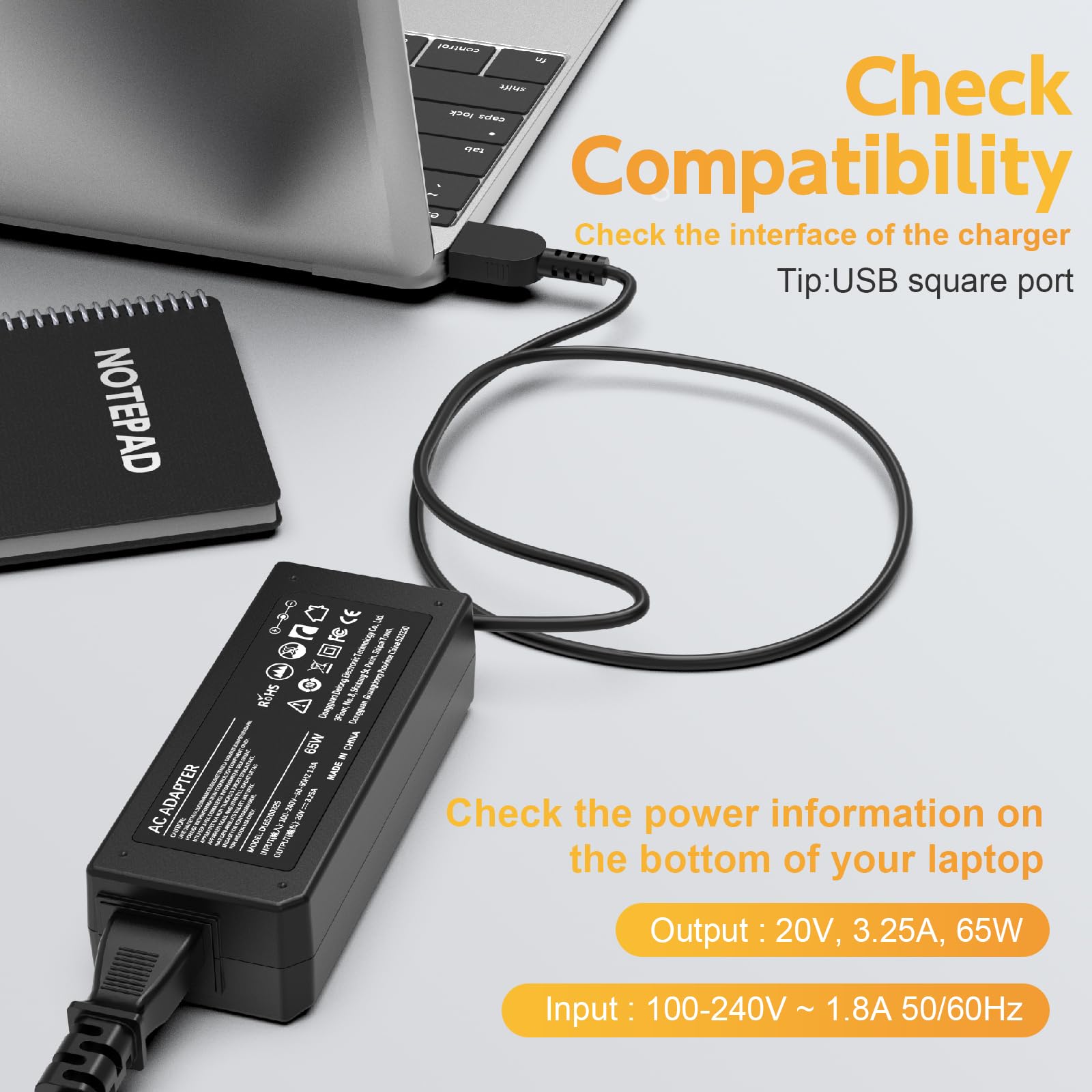 Laptop Charger For Lenovo Adlx45Ndc3A, Adlx45Ncc2A, Adlx45Dlc3A, Adlx45Dlc2A, Adlx65Nlc2A, Adlx65Ncc2A, Adlx65Sdc2A, Adlx45Nlc3A, Adlx65Ndc2A, Adlx65Slc2A Model, 65W 45W Power Supply Cord