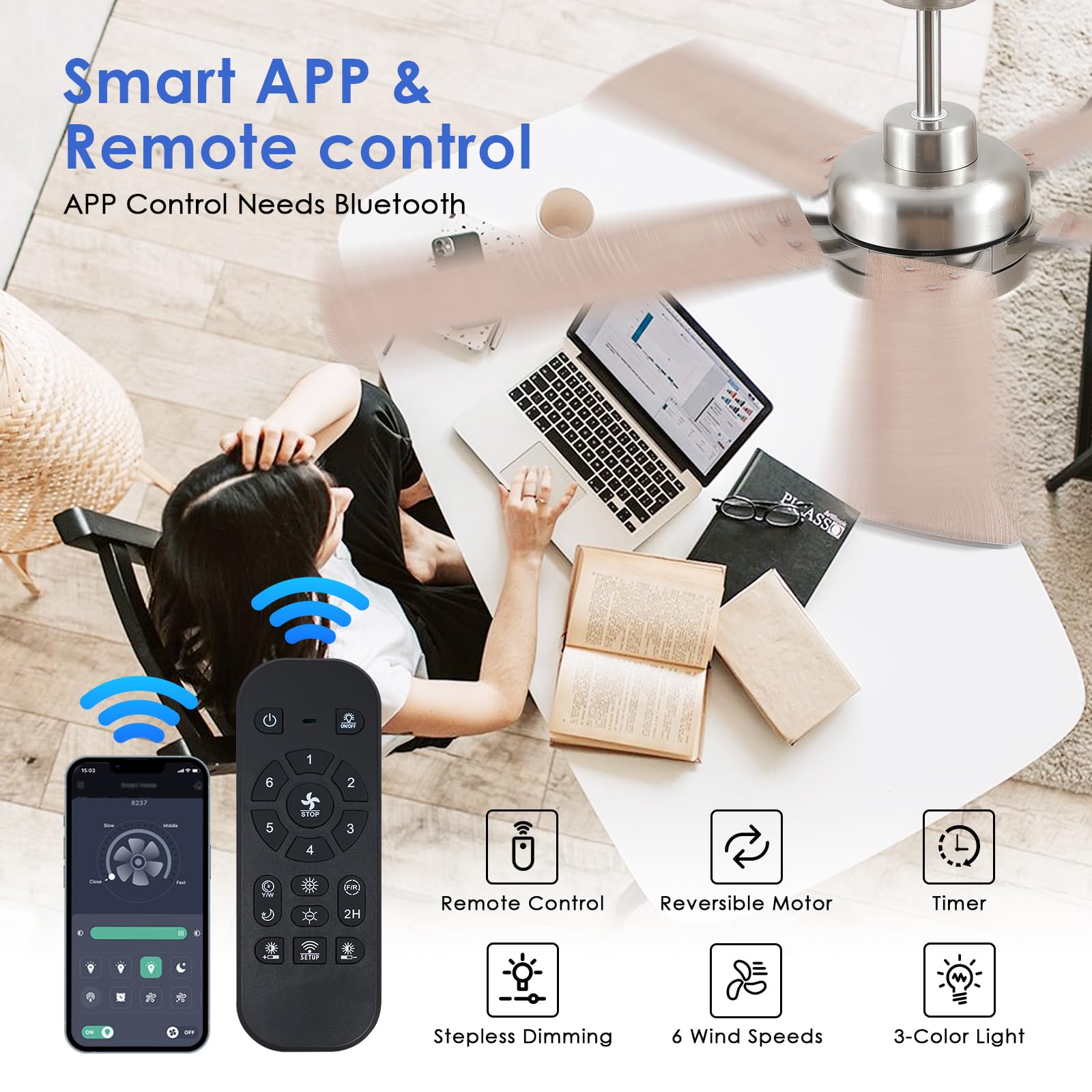 Chesur 52'' Ceiling Fan With Lights And Remote   Low Profile Ceiling Fans With 5 Dual Sided Blades And Reversible Motor, Indoor/