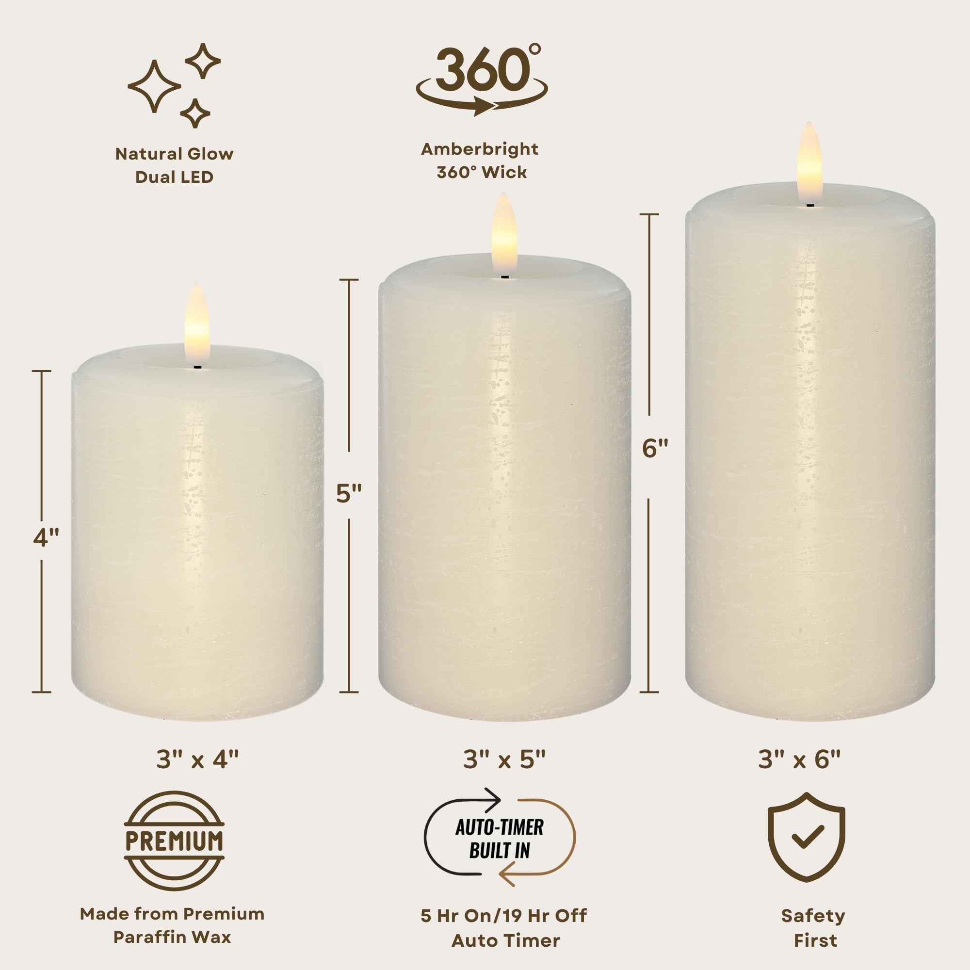 Lumipur Essentials Natural Glow Flameless Flickering Wax Pillar 3 Pack Led Candles (3'' X 4'' 5'' & 6'') Linen White