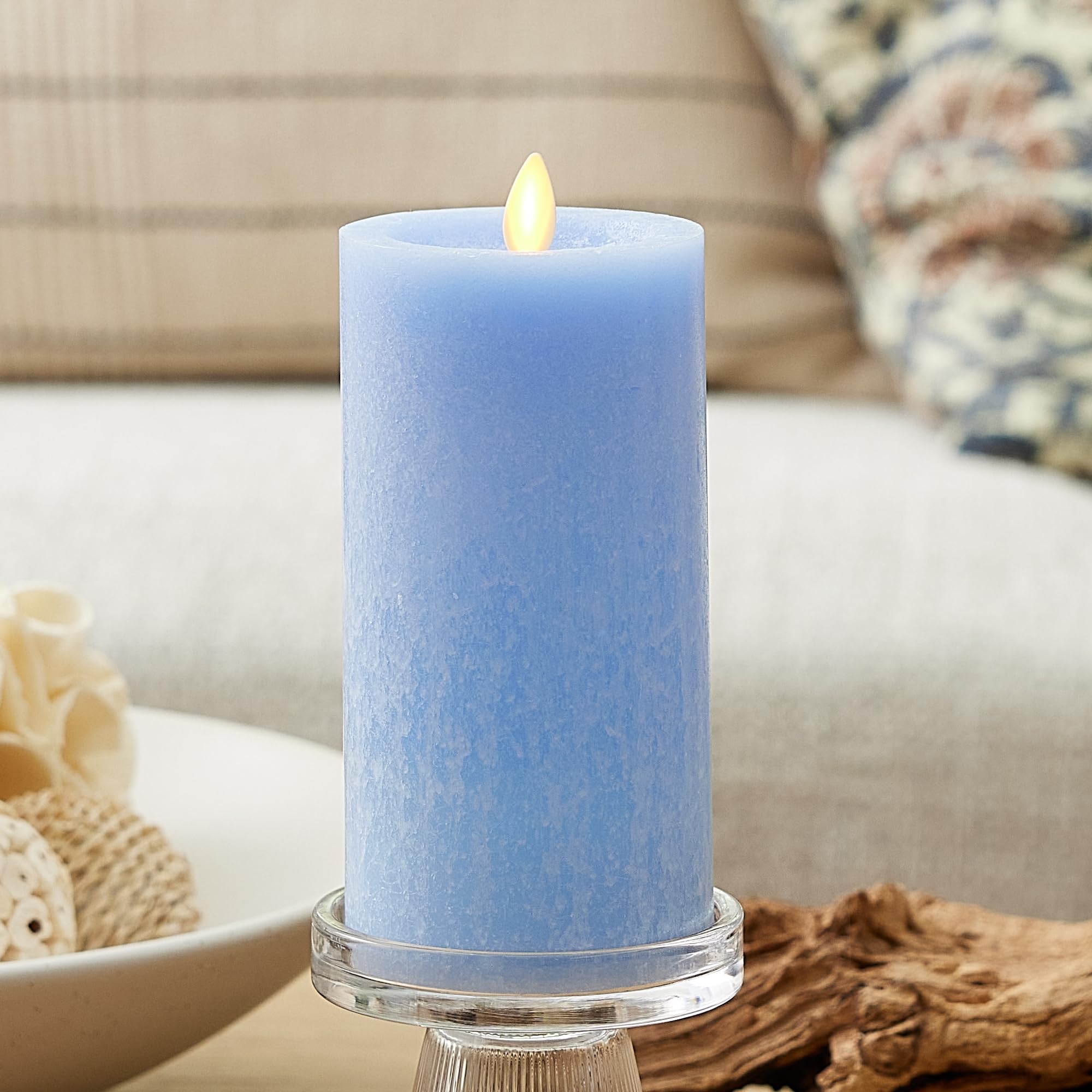 Luminara Sea Glass Flameless Candle, Cornflower 3'' X 6.5'', Moving Led Flame Pillar With Timer, Battery Operated, Real Wax, Uns