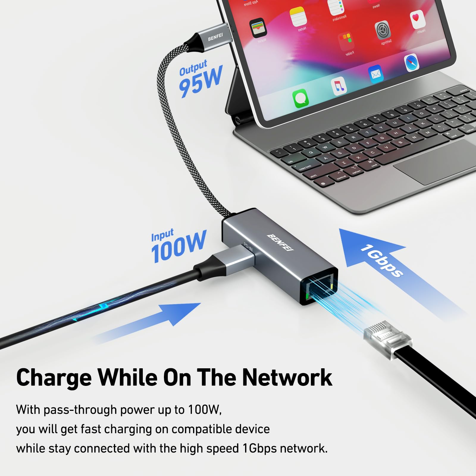 Benfei Usb C To Ethernet Gigabit Adapter With 100W Power Delivery, Thunderbolt 3/4 To Rj45 Ethernet Lan Network Adapter Compatib