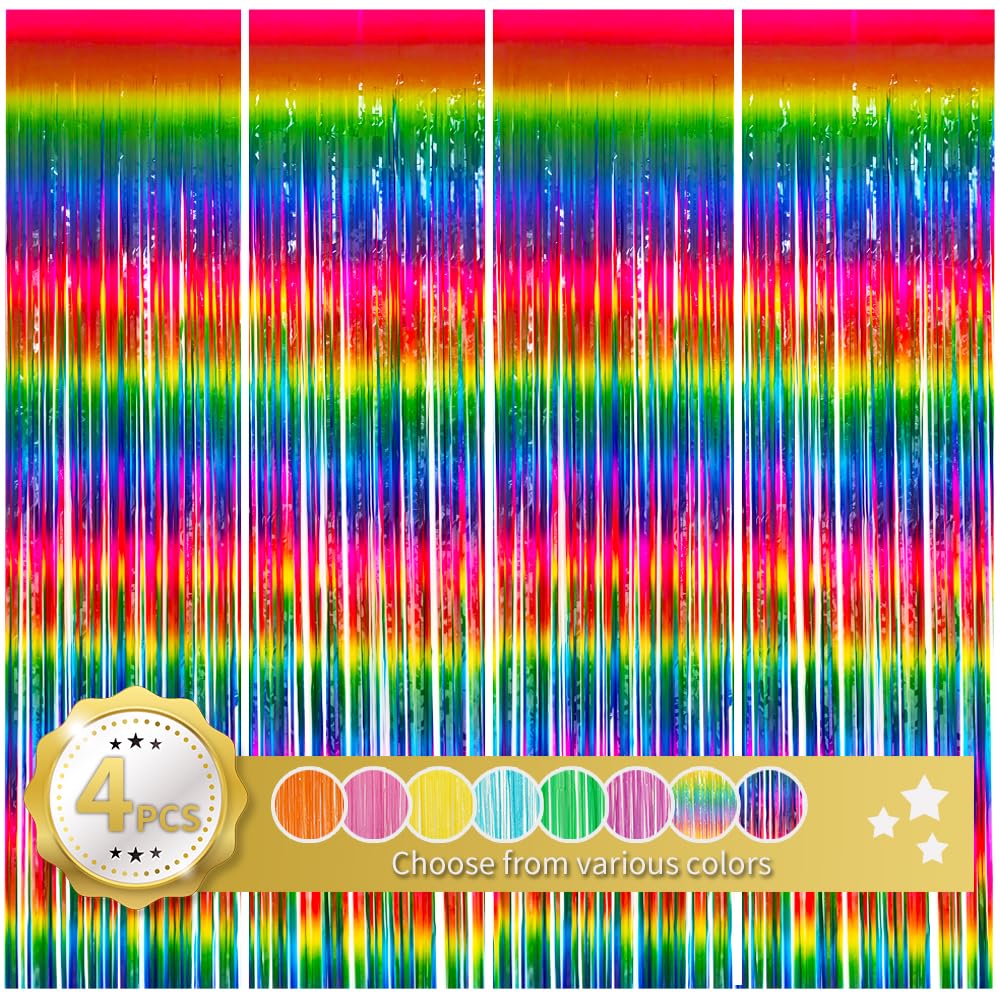Beishida 4 Pack Rainbow Foil Fringe Curtain Steamers Party Backdrop   Tinsel Metallic Curtains Photo Backdrop For Door Birthday