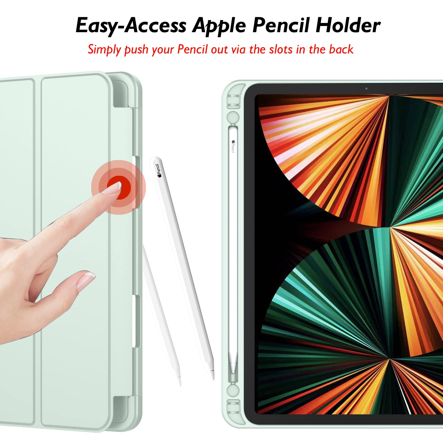Imieet New Ipad Pro 12.9 Case 2022(6Th Gen)/2021(5Th Gen) With Pencil Holder [Support Ipad 2Nd Pencil Charging/Pair],Trifold Stand Smart Case With Soft Tpu Back,Auto Wake/Sleep(Pale Green)