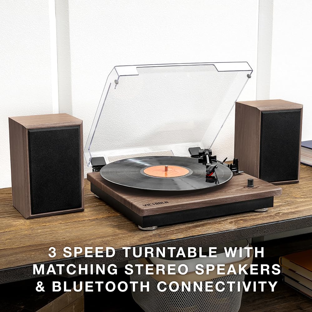 Victrola Montauk Vinyl Record Player, Farmhouse Walnut Finish, 3 Speed Belt Driven Turntable With Stereo Bluetooth Speaker Pair,