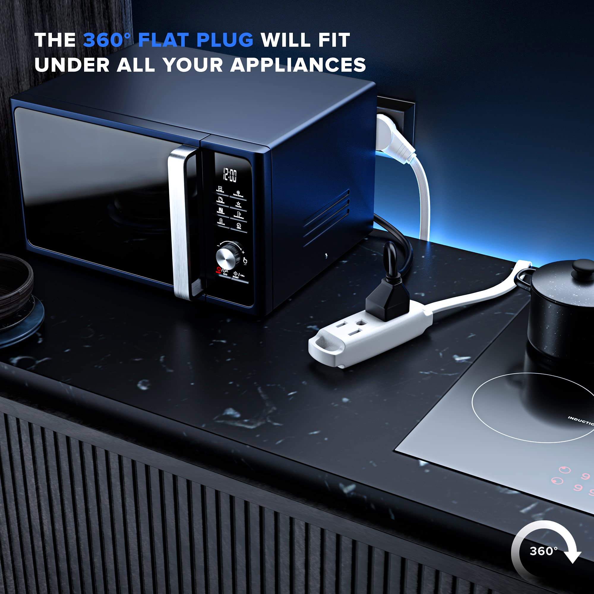 Maximm 360 Degree Rotating Flat Extension Cord 10 Ft Multi 3 Outlet Power Cord Grounded 16 Awg Ul Certified, White