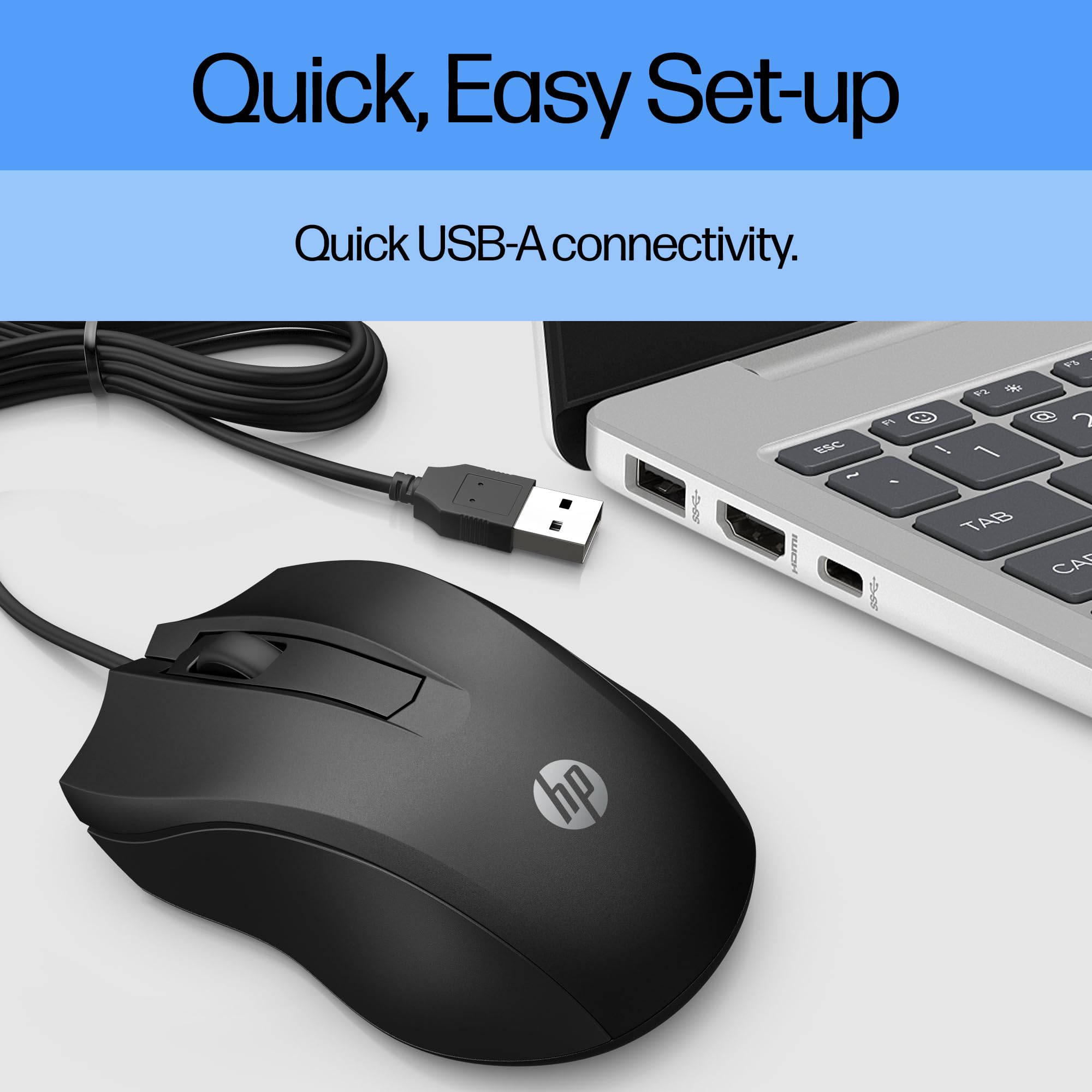 HP Wired Mouse 100   Precise Optical Sensor with 1600 DPI   Easy USB Connection   Ambidextrous Design   3 Button Control & Built in Scrolling   Multi OS Compatible (6VY96AA#ABL)