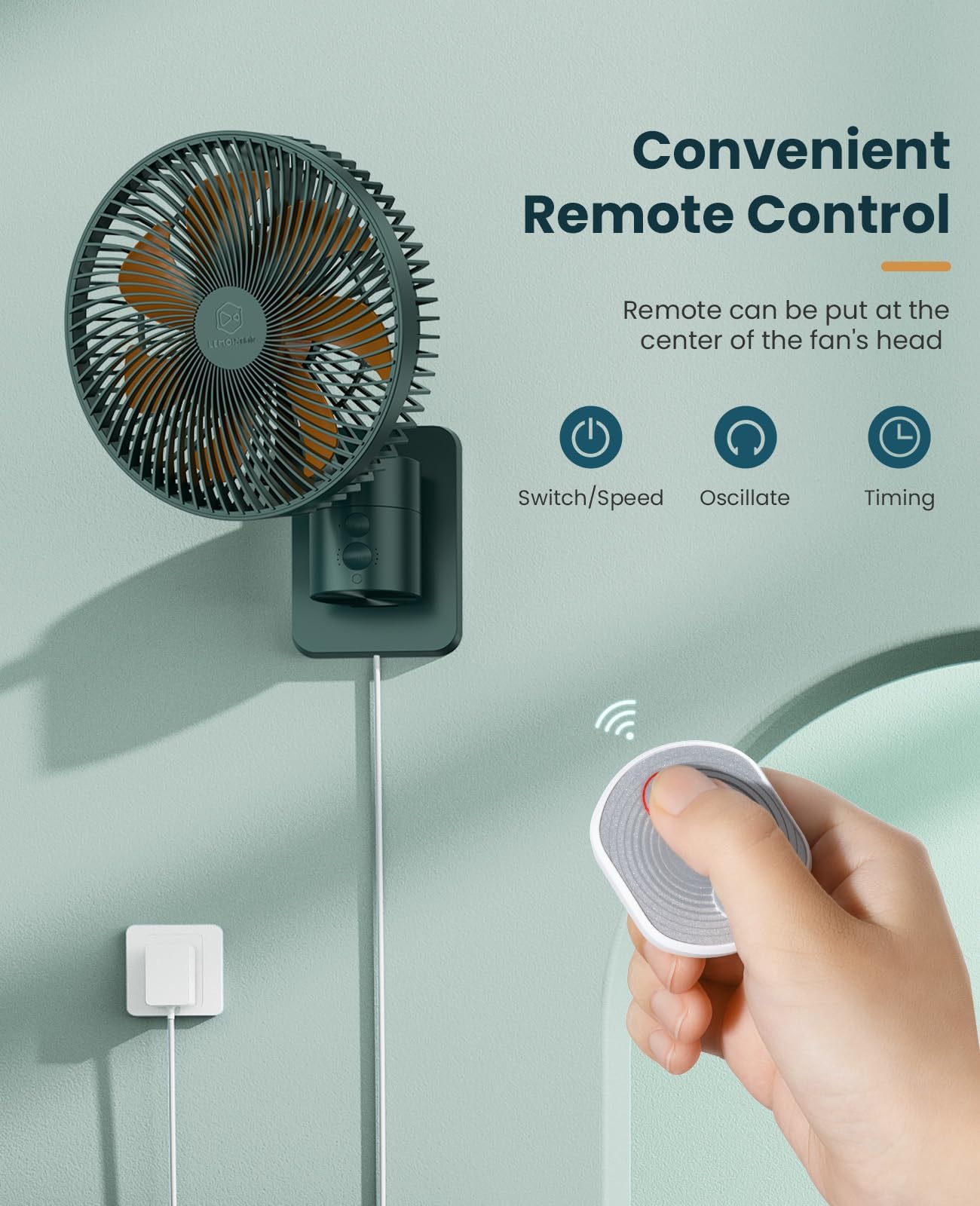 Lemoistar 8 Inch Small Wall Mounted Fan With Remote Control, 90Oscillating, 4 Speeds High Velocity, Timer, Adjustable Tilt, 70 I