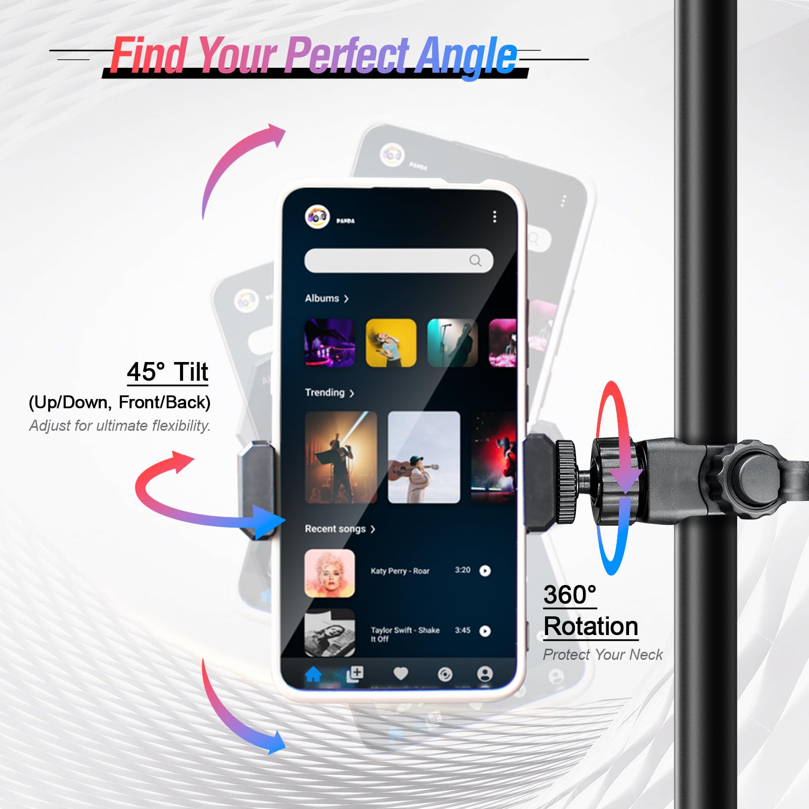 Phone Holder With Adjustable Strap,Wide Clamp Range,Fits Round,Square&Curved Surfaces,Clip Phone Mount For Mic Stands,Golf Carts