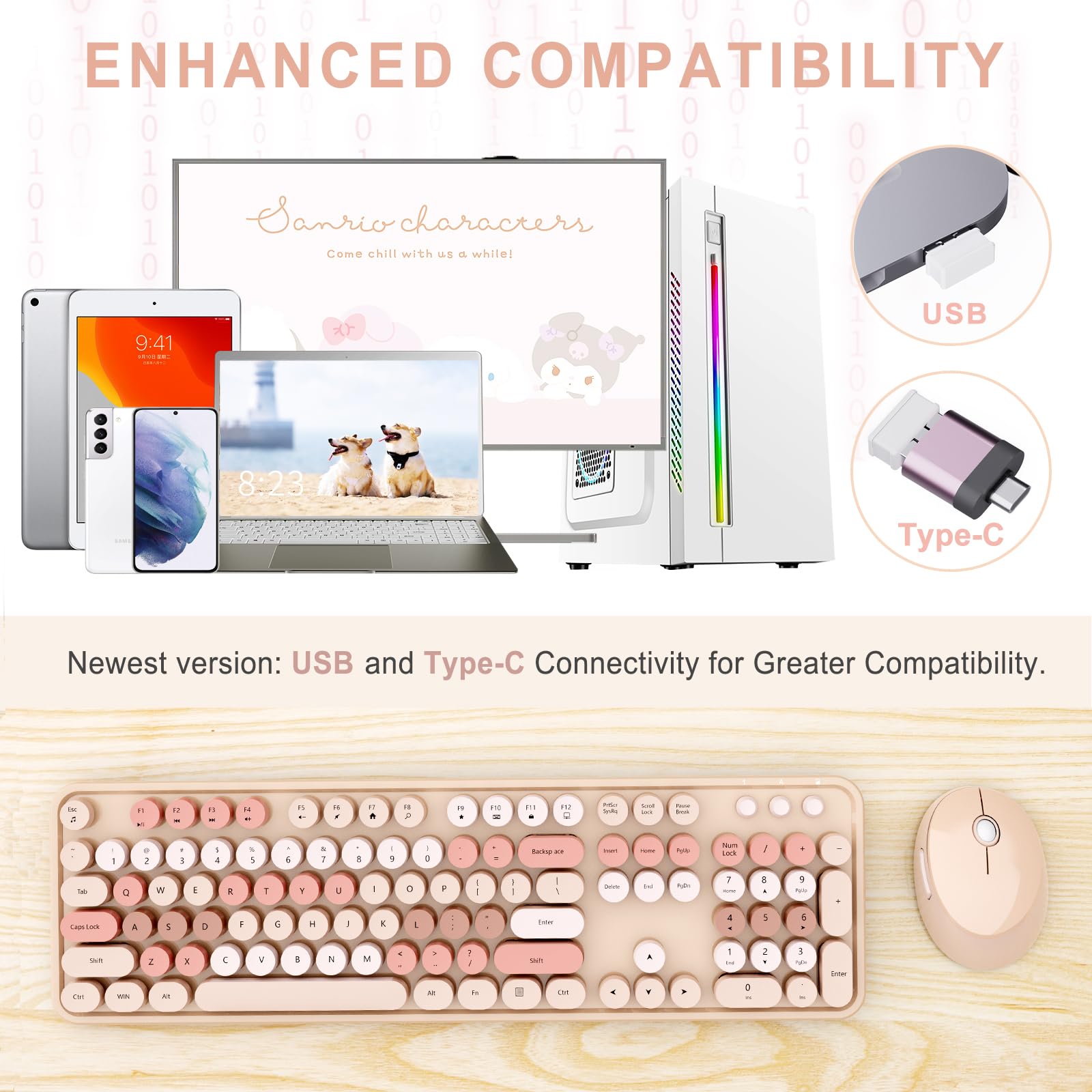 Wireless Keyboard And Mouse Combo, Ergonomic Full Size Typewriter Retro Round Keycaps Keyboard, Compatible With Windows, Pc, Per