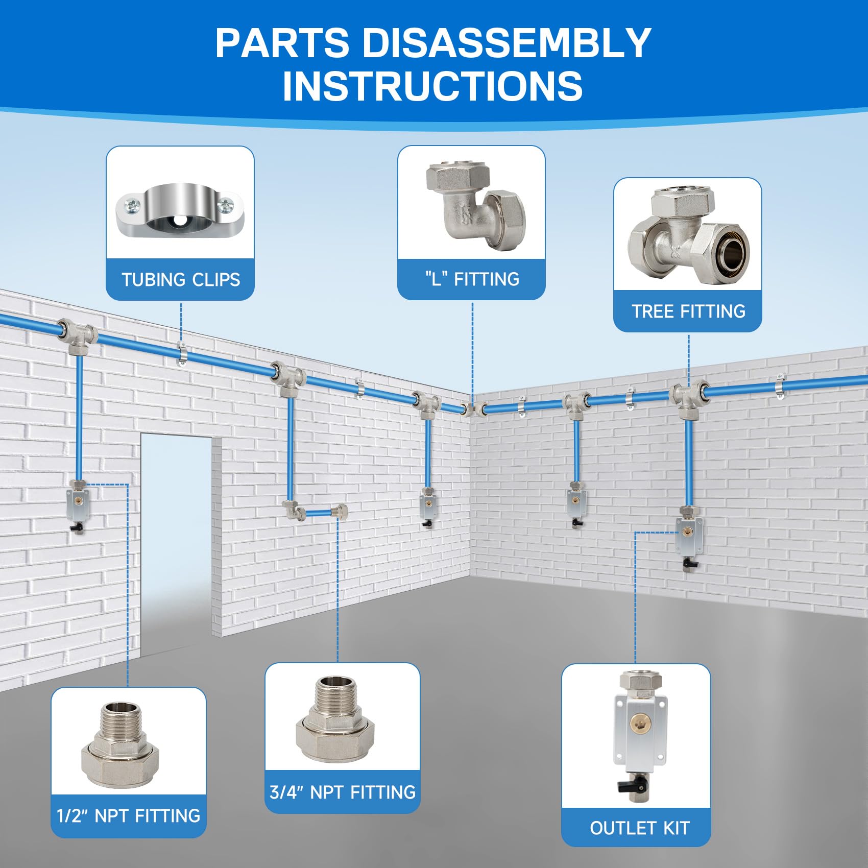 3/4  100&200&300Ft Compressed Air Line Kit For Shop/Garage, Hdpe-Aluminum Rapid Air System Includes Right Angle Fittings And Tee