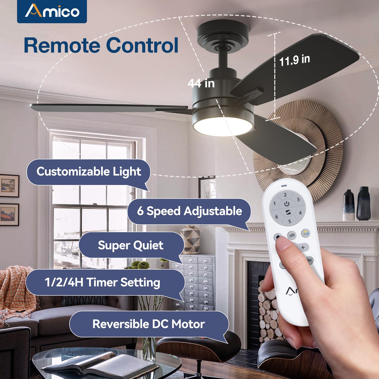 Amico Ceiling Fans With Lights, 44 Inch Ceiling Fan With Light And Remote Control, Reversible, 3Cct, Dimmable, Noiseless, Small